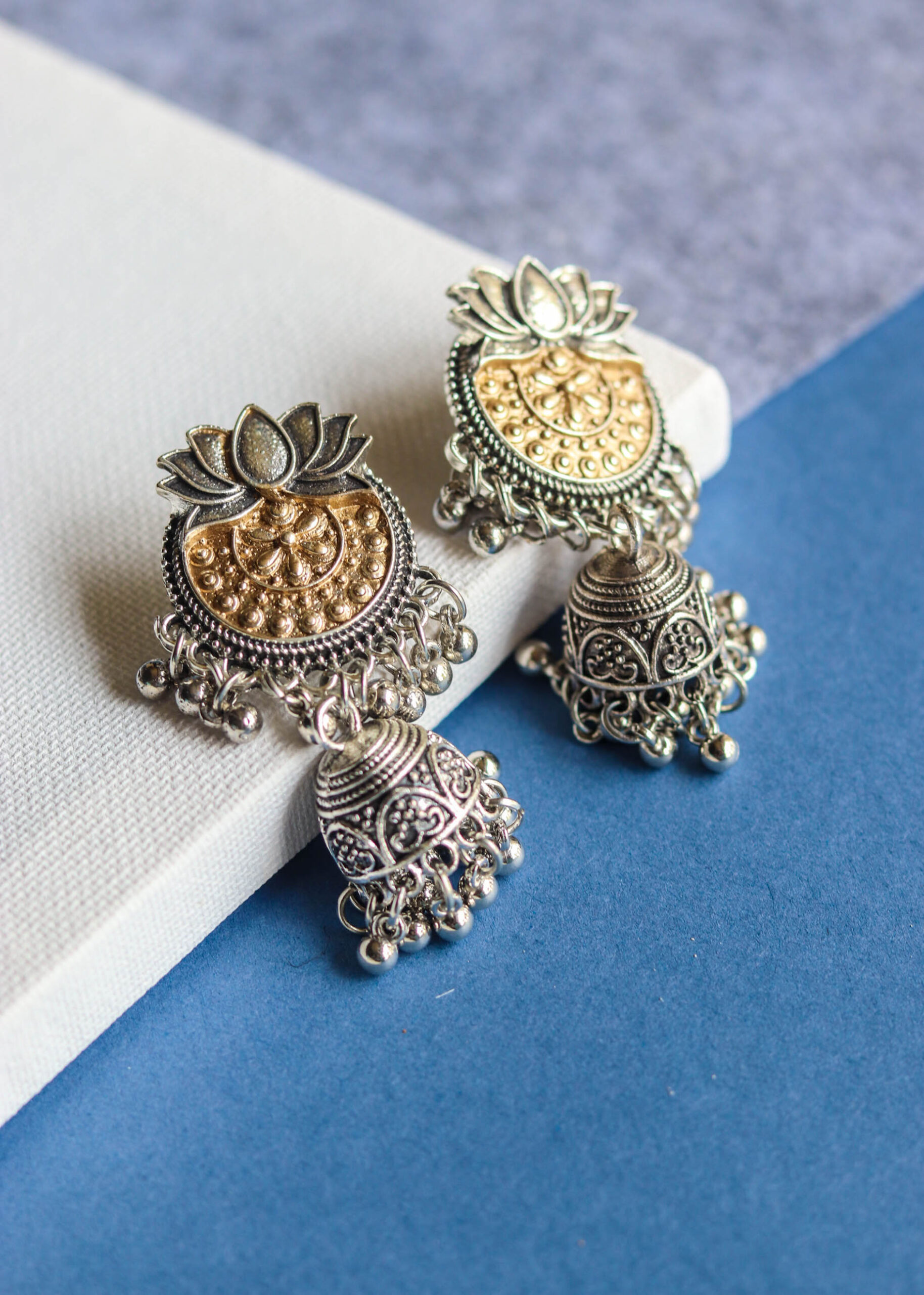 Silver Gold Lotus Jhumka