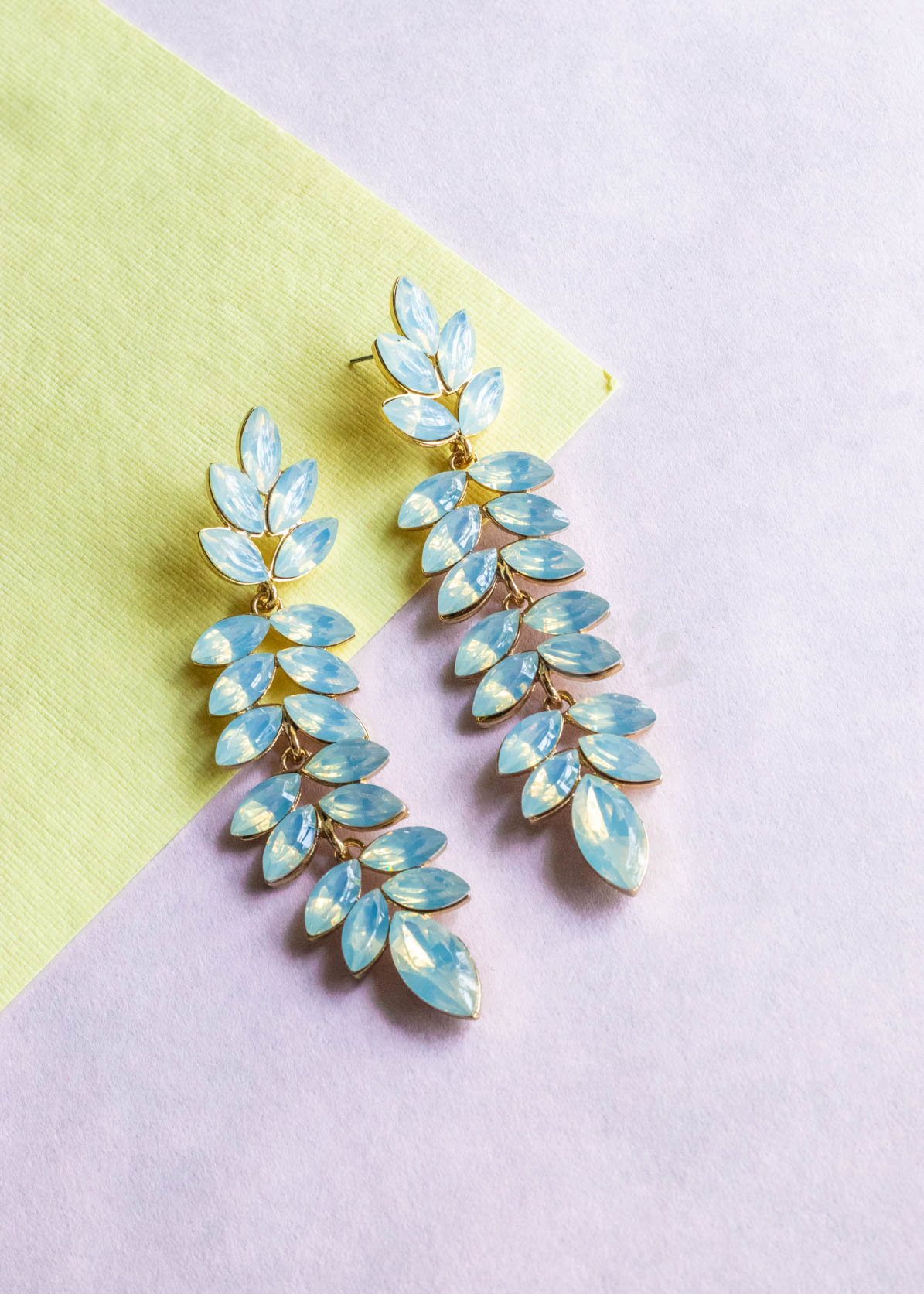 White Crystal Stone Leaf Long Dangler Earrings