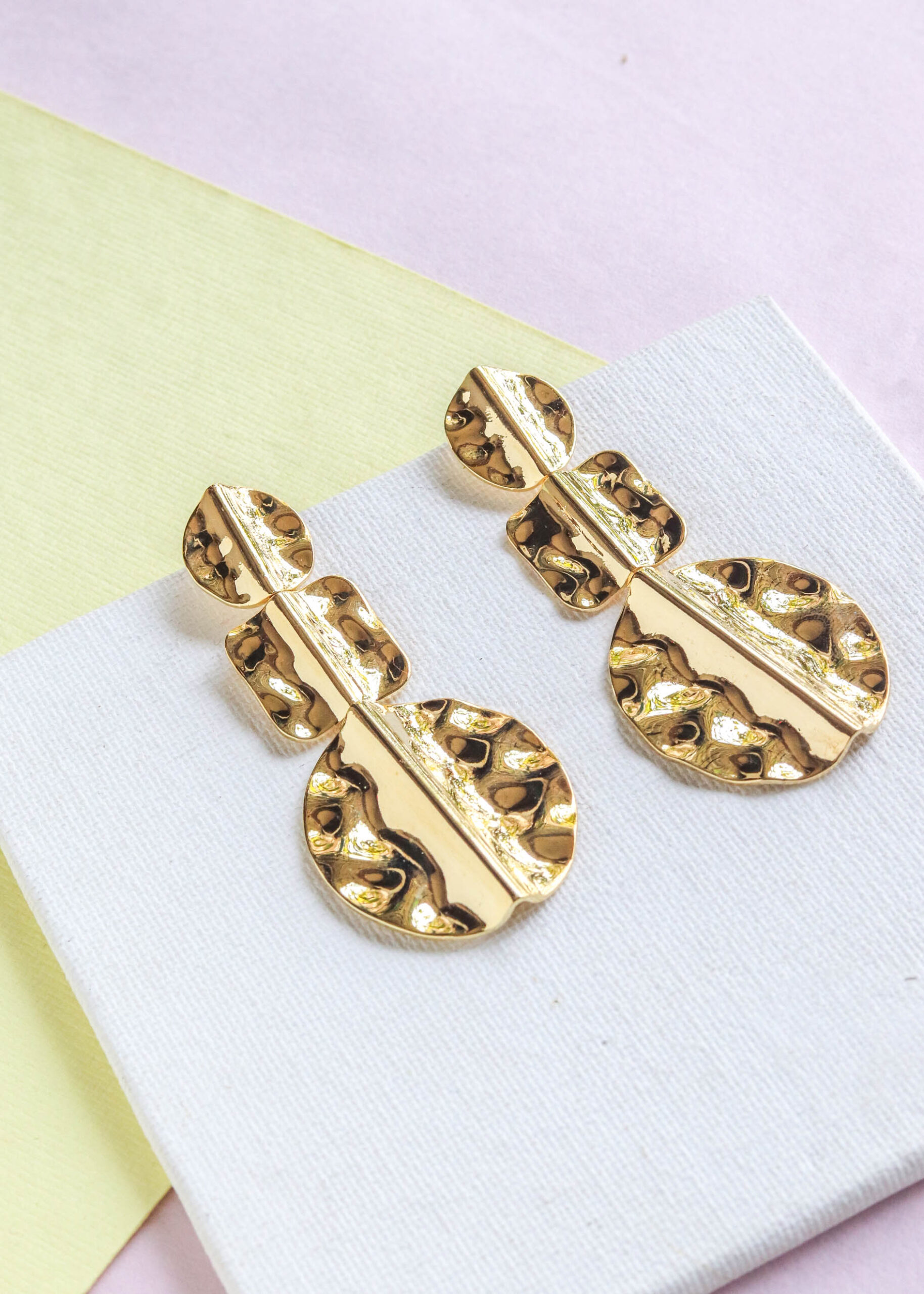 Gold Hammered Round Shapes Layer Dangler Earrings