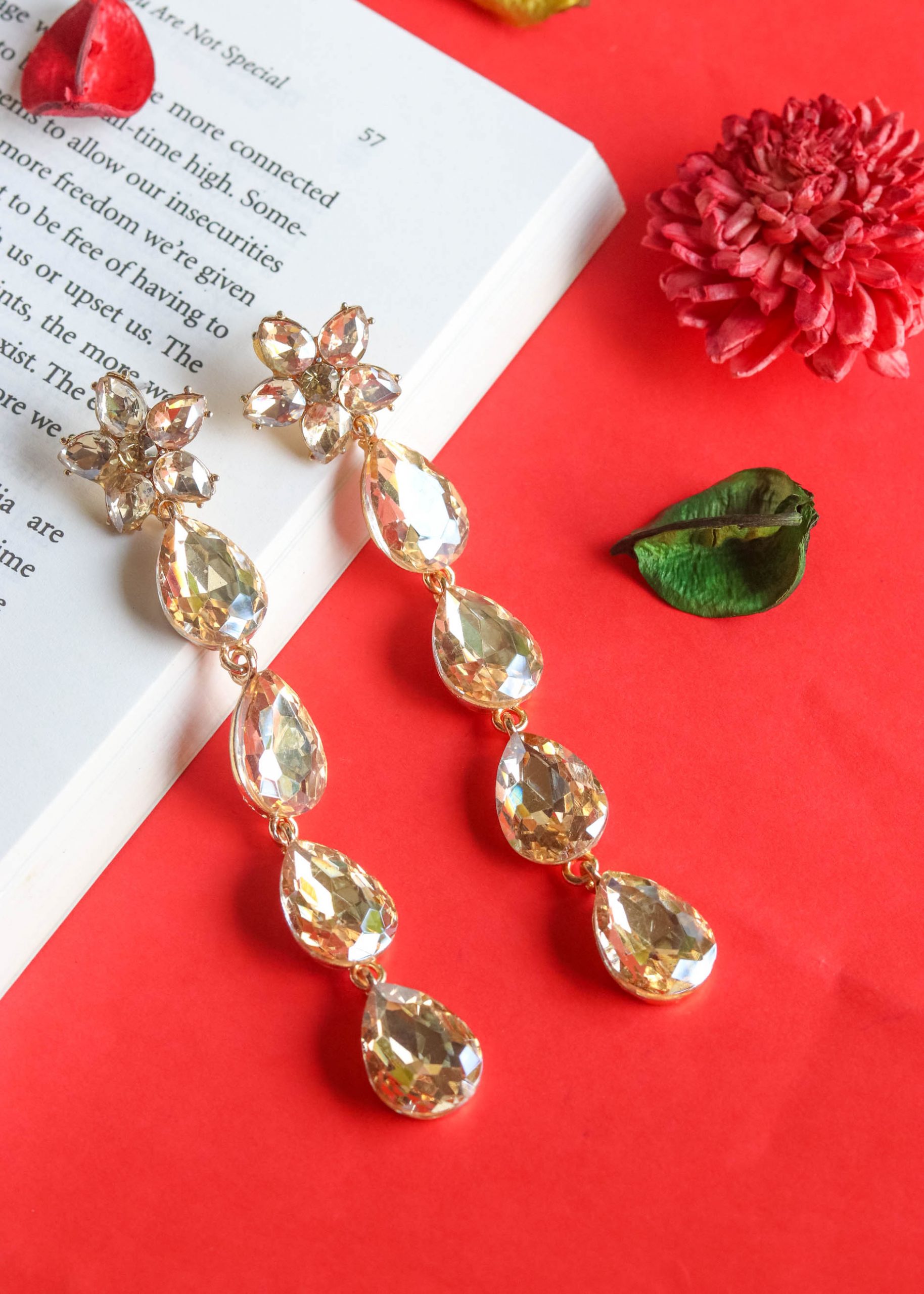 Gold Stone Flower Drop Dangler Earrings