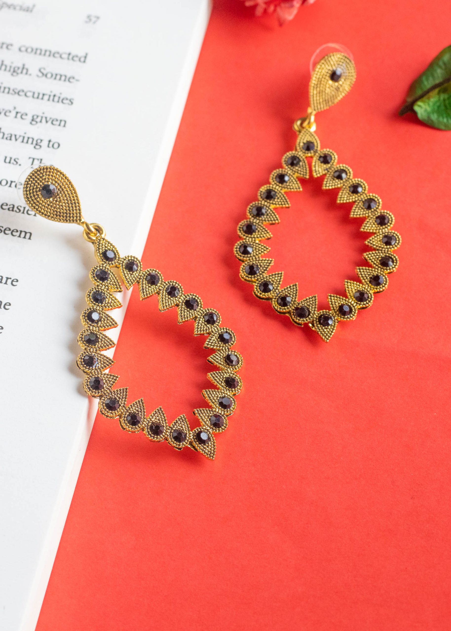 Black Stone Gold Dangler Earrings