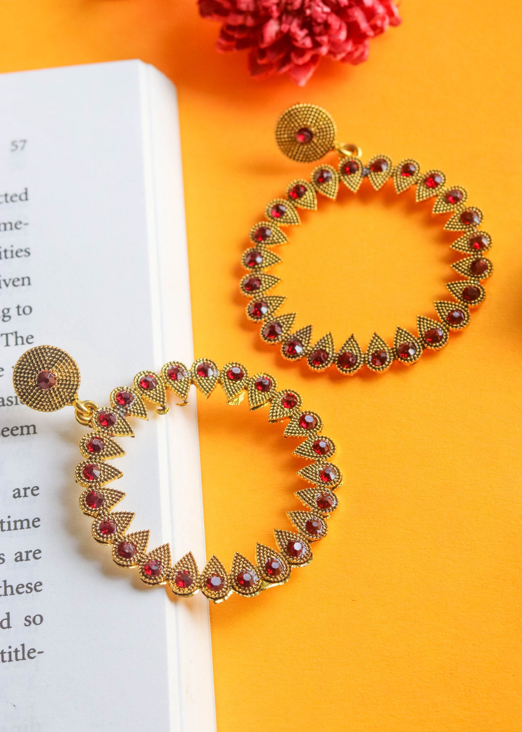 Red Stone Gold Round Dangler Earrings