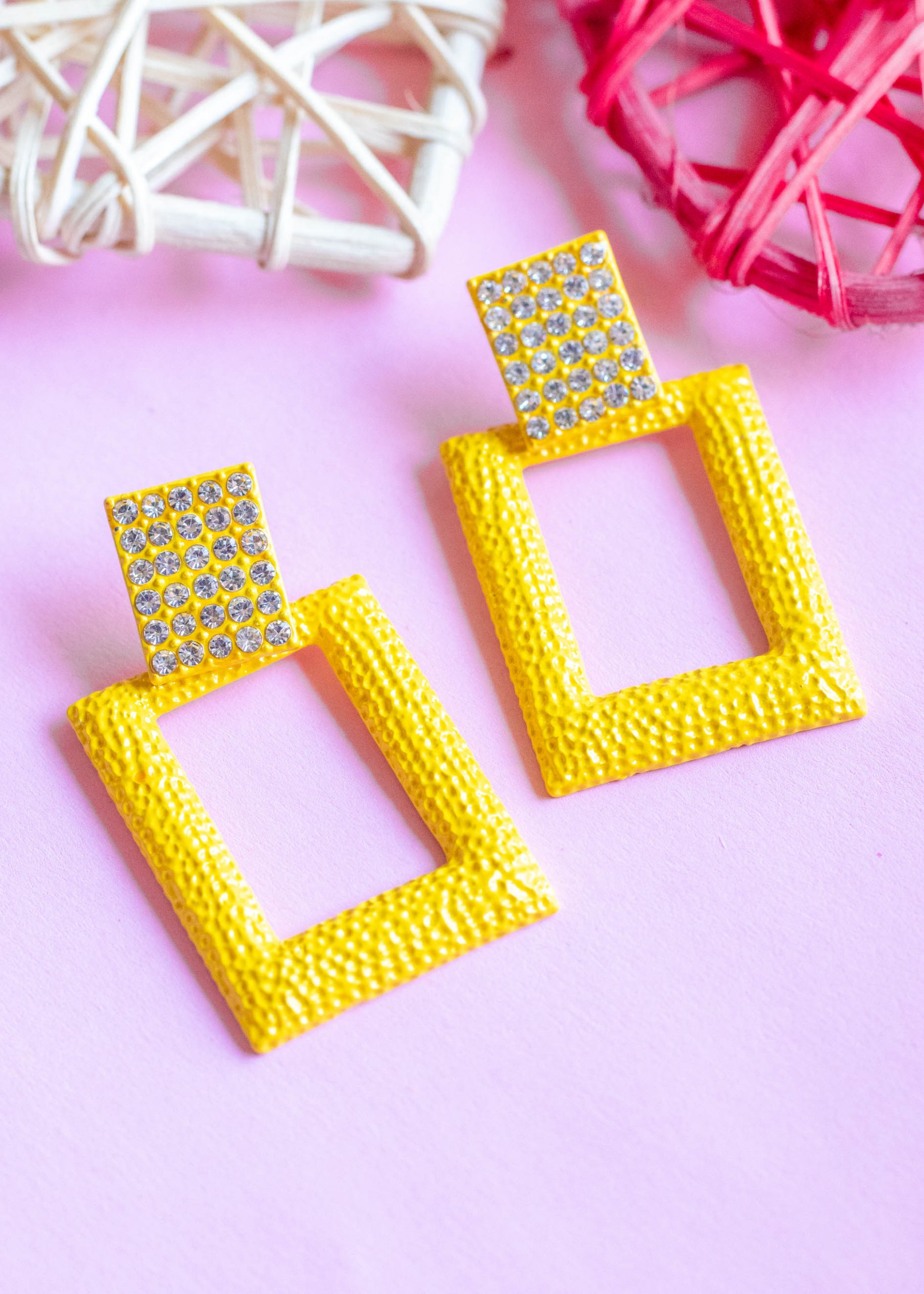 Yellow Rectangle Hammered Dangler Earrings