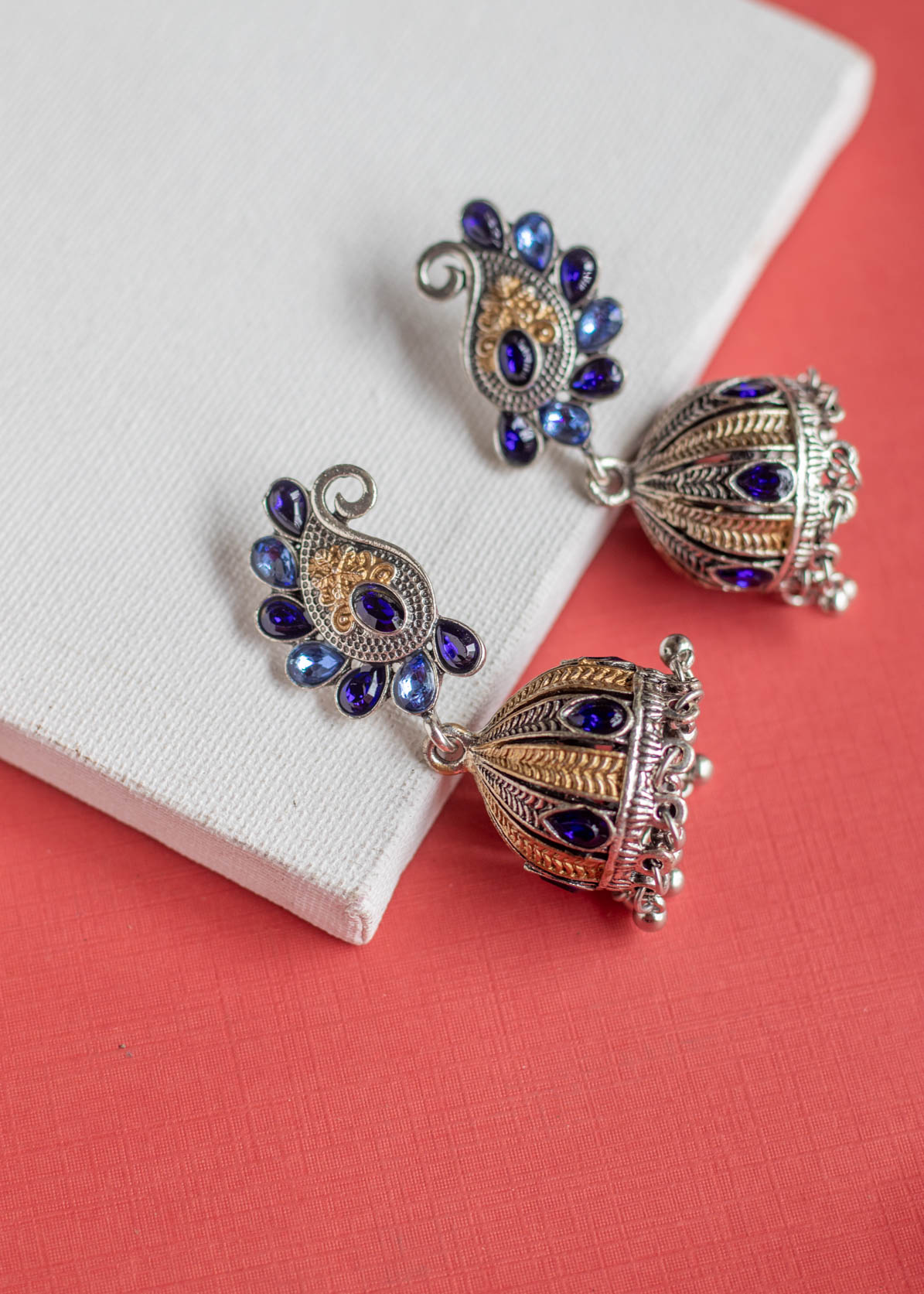 Blue Stone Two Tonned Jhumka Earrings