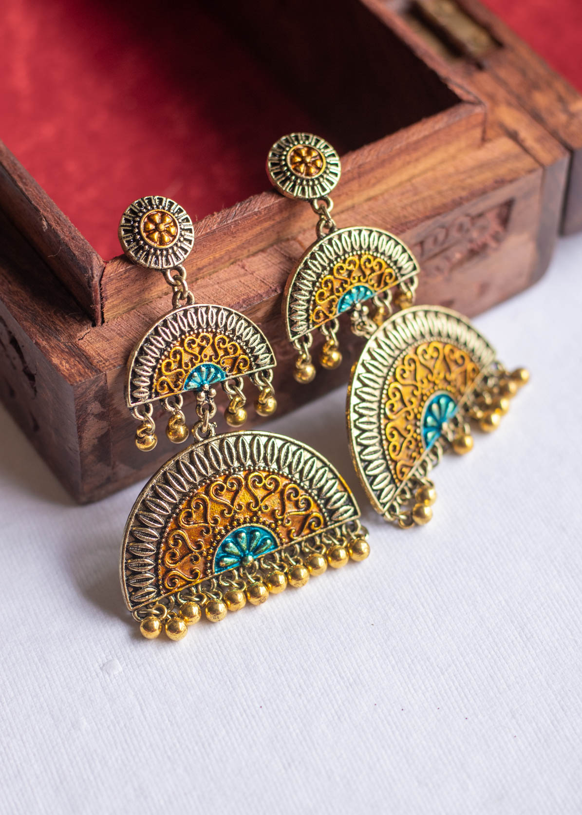 Golden & Blue Polish Layered Dangler Earrings