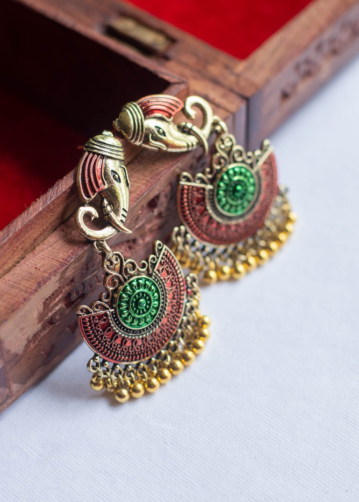 Ganesha Green & Red Polish Golden Dangler Earrings