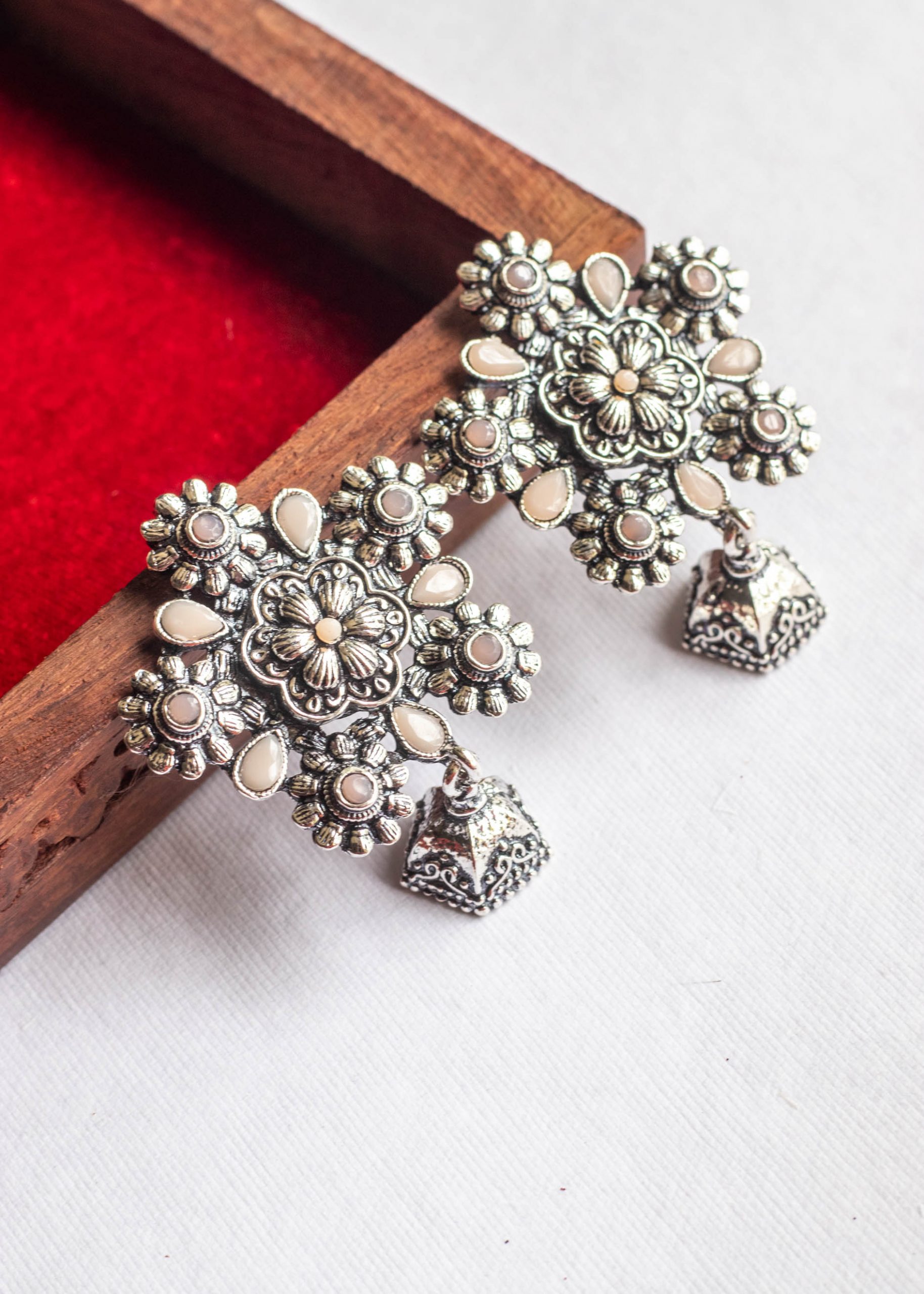 White Stone Silver Flower Big Stud Jhumka Earrings