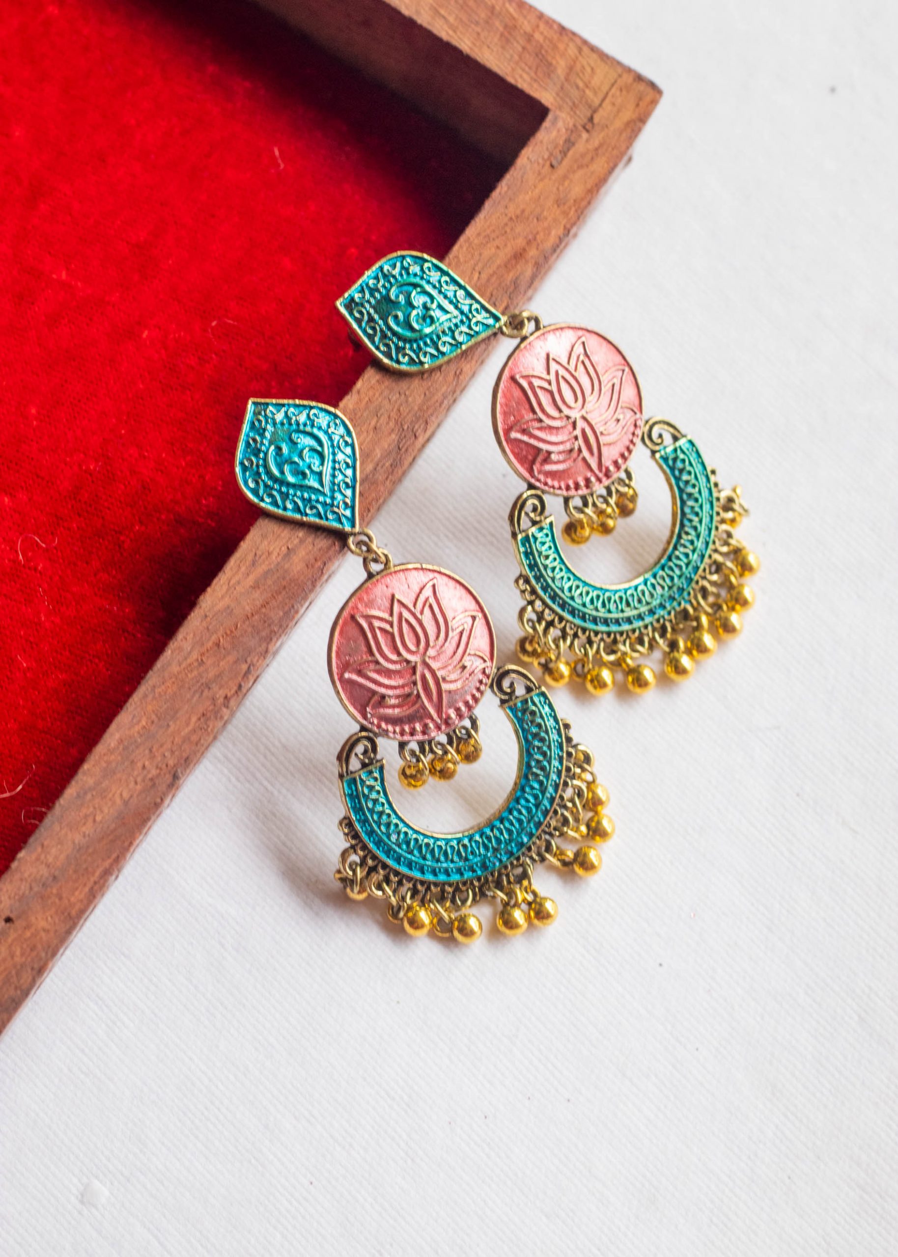 Pink & Turquoise Blue Polished Gold Dangler Earrings