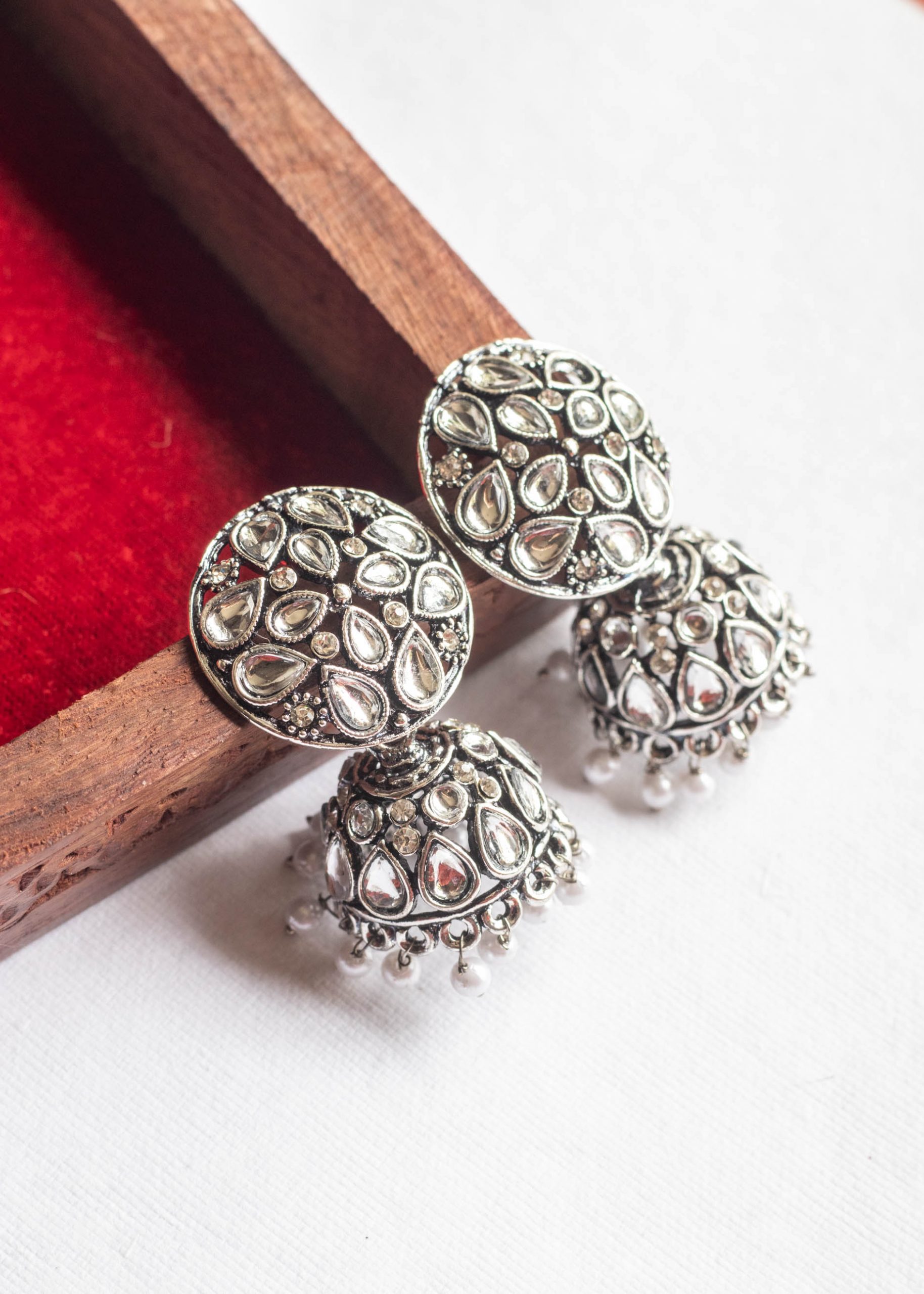 White Stone Silver Round Pearl Jhumka Earrings