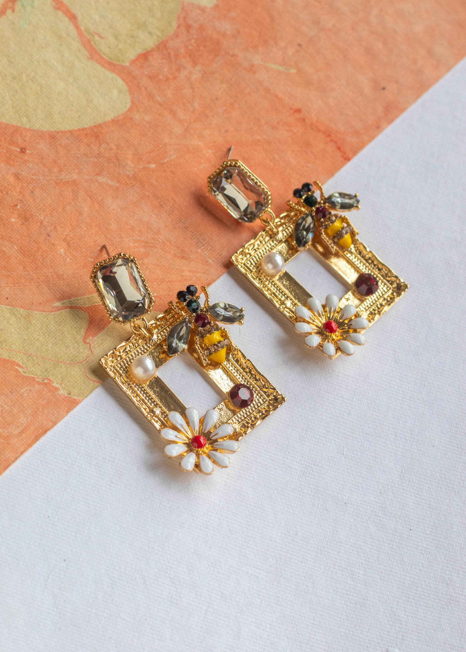 Honey Bee Rectangular Gold Dangler Earrings