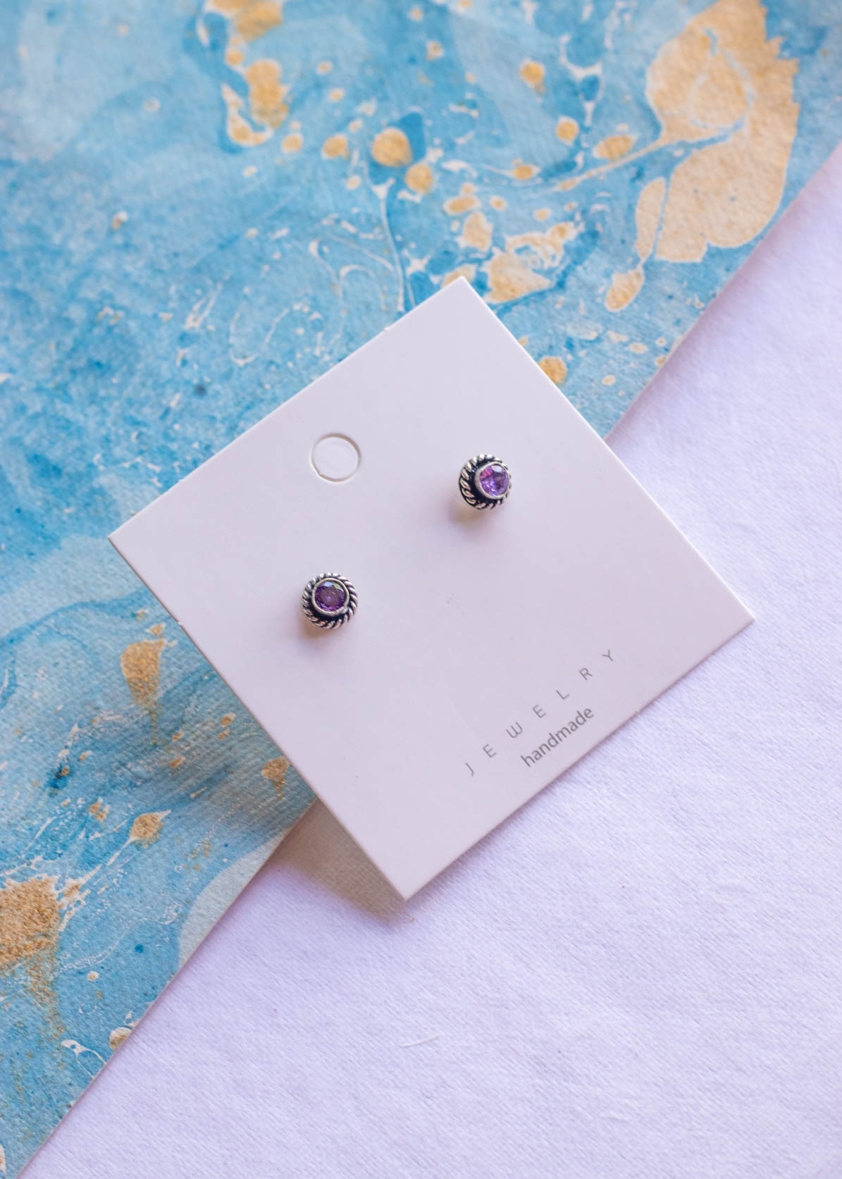 Brass Zicron Stone Lavender Color Small Stud Earrings