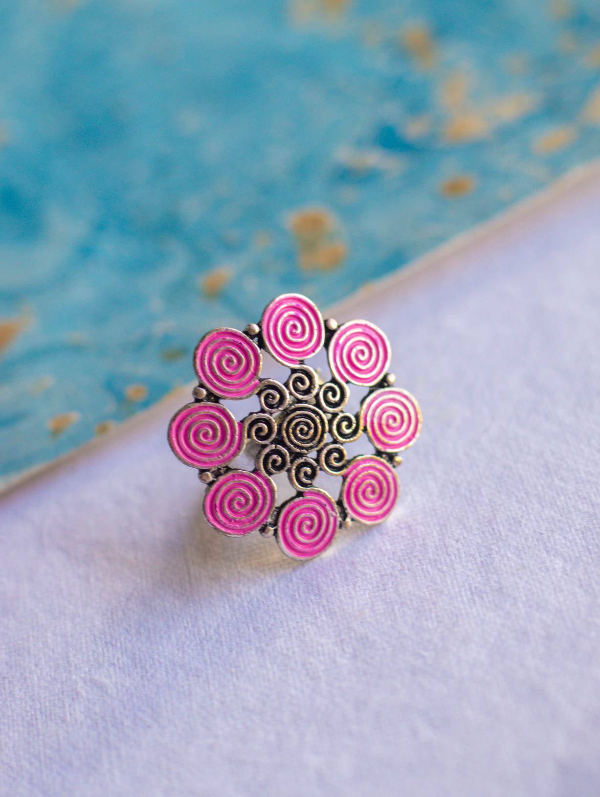 Round Flower Silver Ring (Pink)