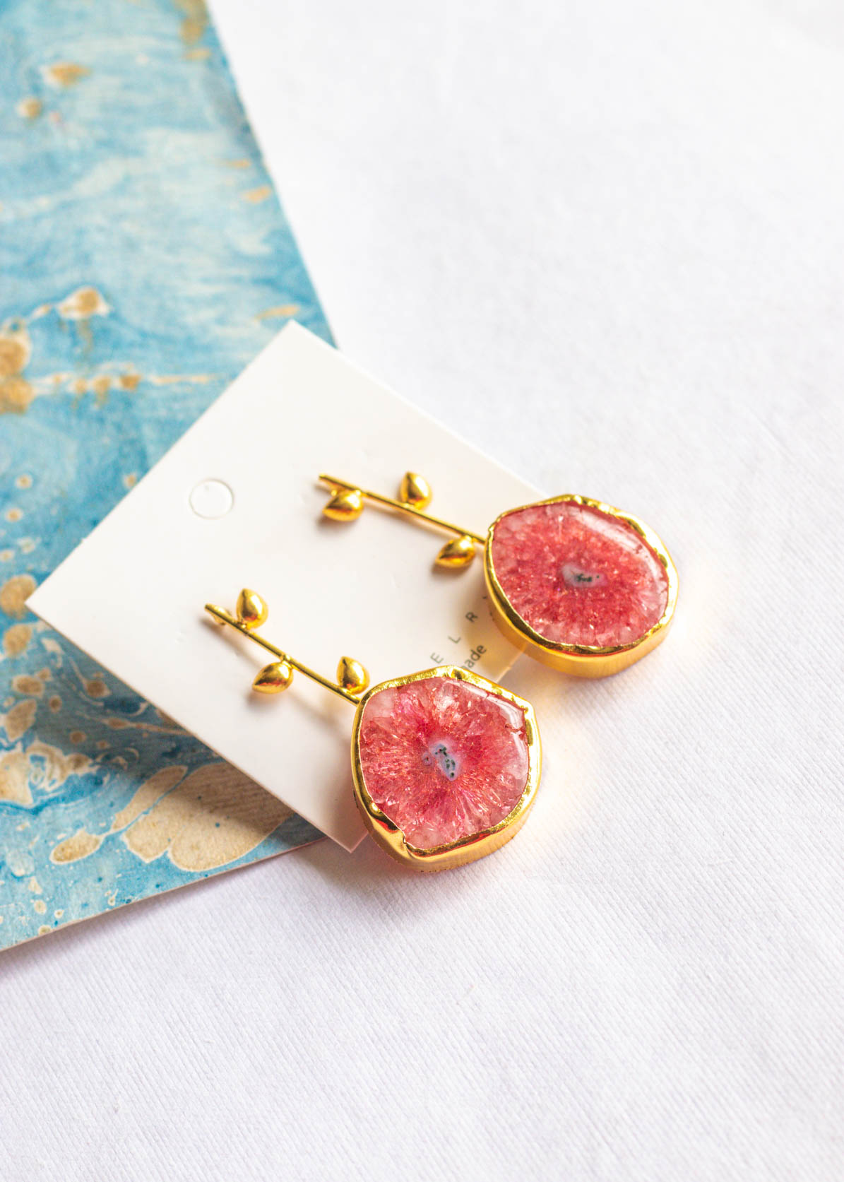 Druzy Stone Leaf Design Asymmetrical Statement Earrings