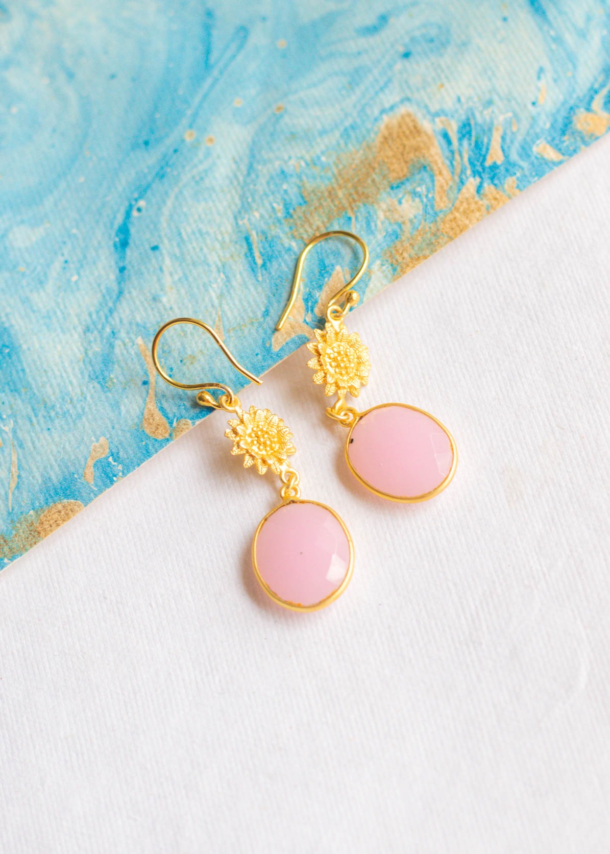 Natural Stone Gold Flower Dangler Earrings (Pink)