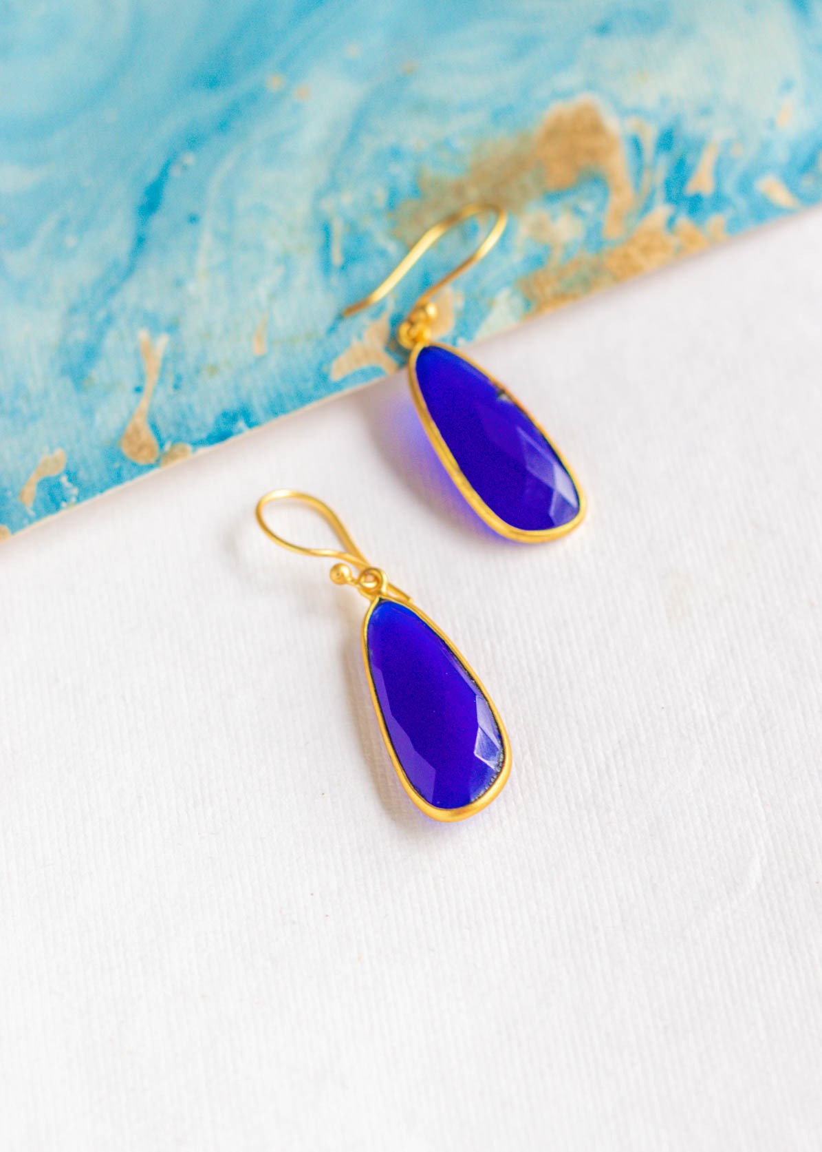 Natural Stone Gold Drop Dangler Earrings (Blue)
