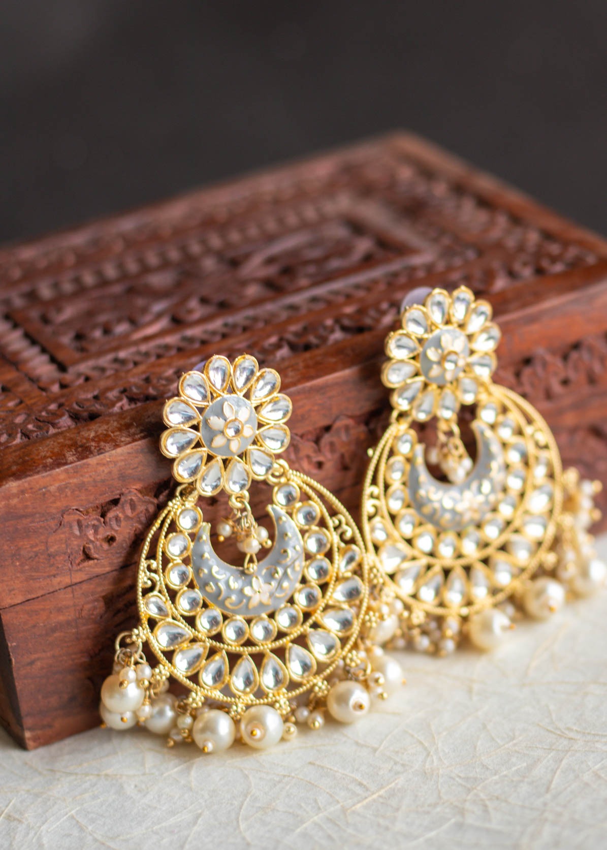 Grey Meenakari Flower Round Dangler Earrings