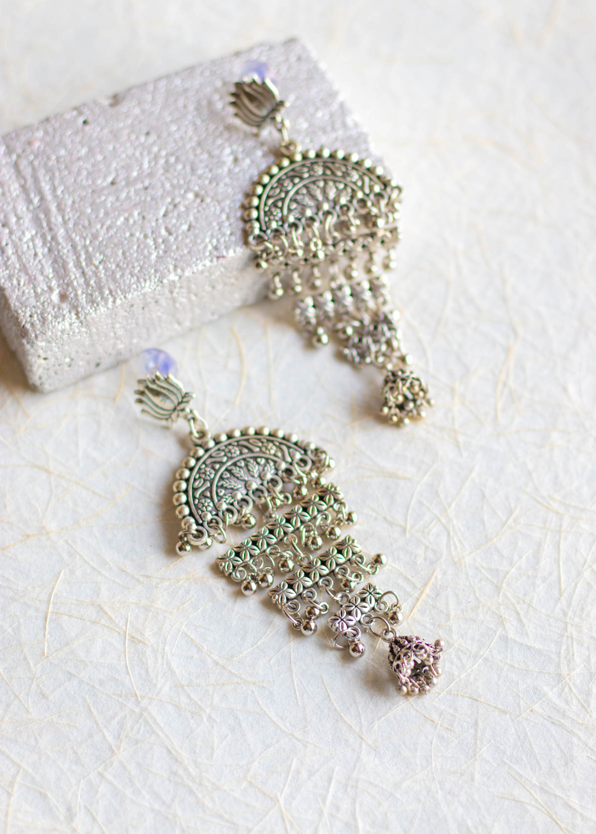 Silver Brass Lotus Layered Dangler Earrings
