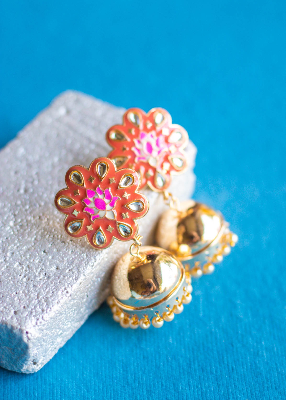 Orange & Pink Meenakari Round Jhumka Earrings