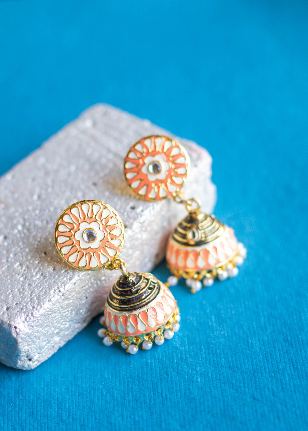 Peach Meenakari Round Jhumka Earrings