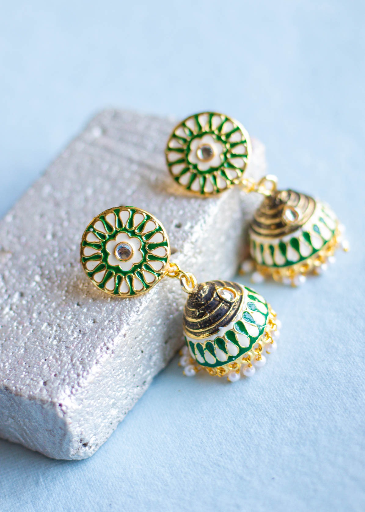 Green Meenakari Round Jhumka Earrings
