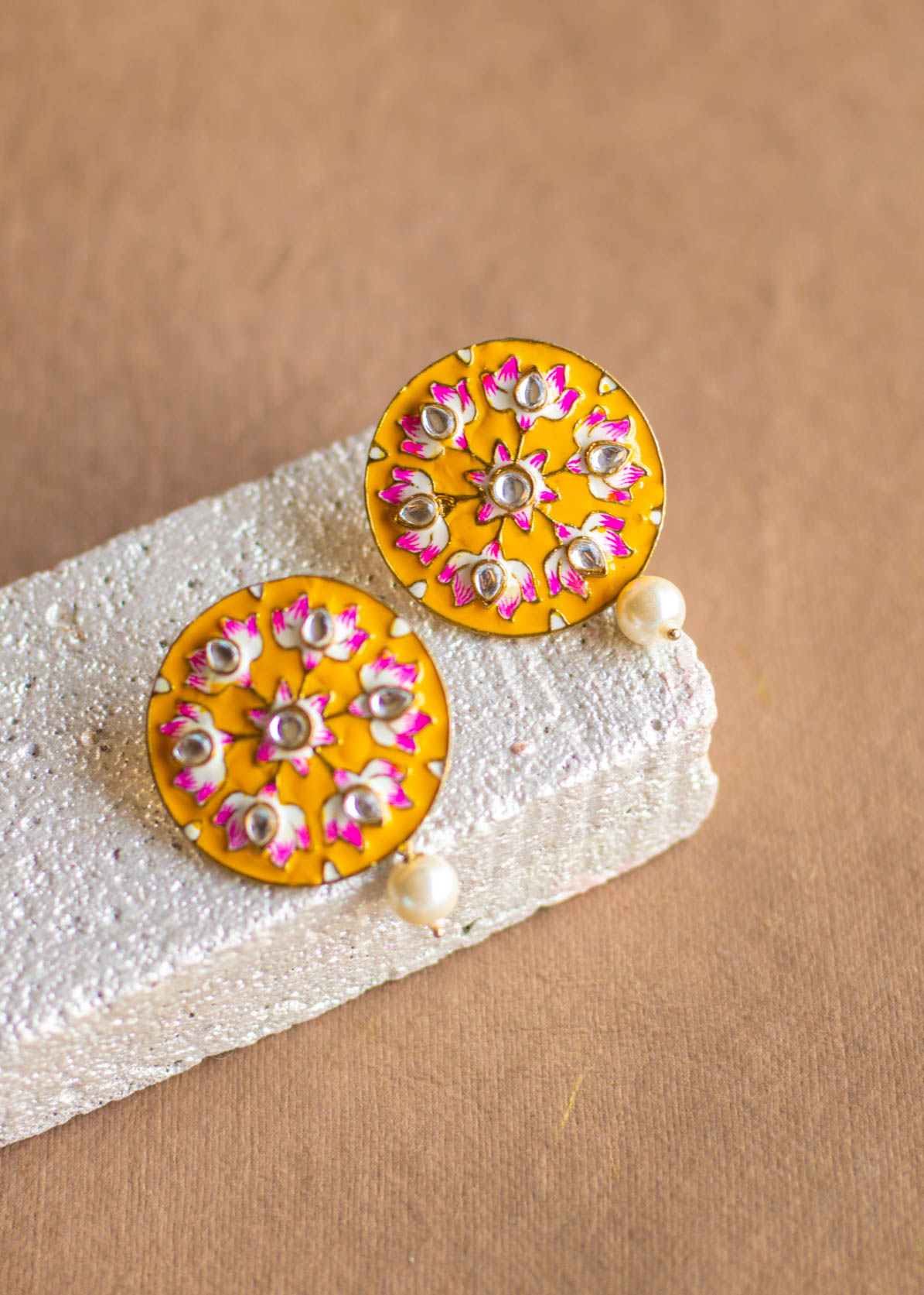 Yellow Meenakari Round Stud Earrings