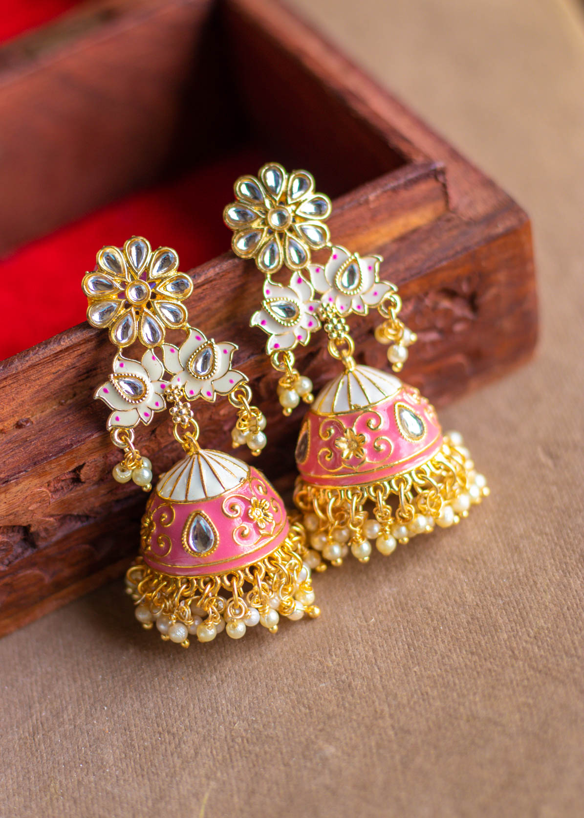Pink Meenakari Lotus Kundan Pearl Jhumka Earrings