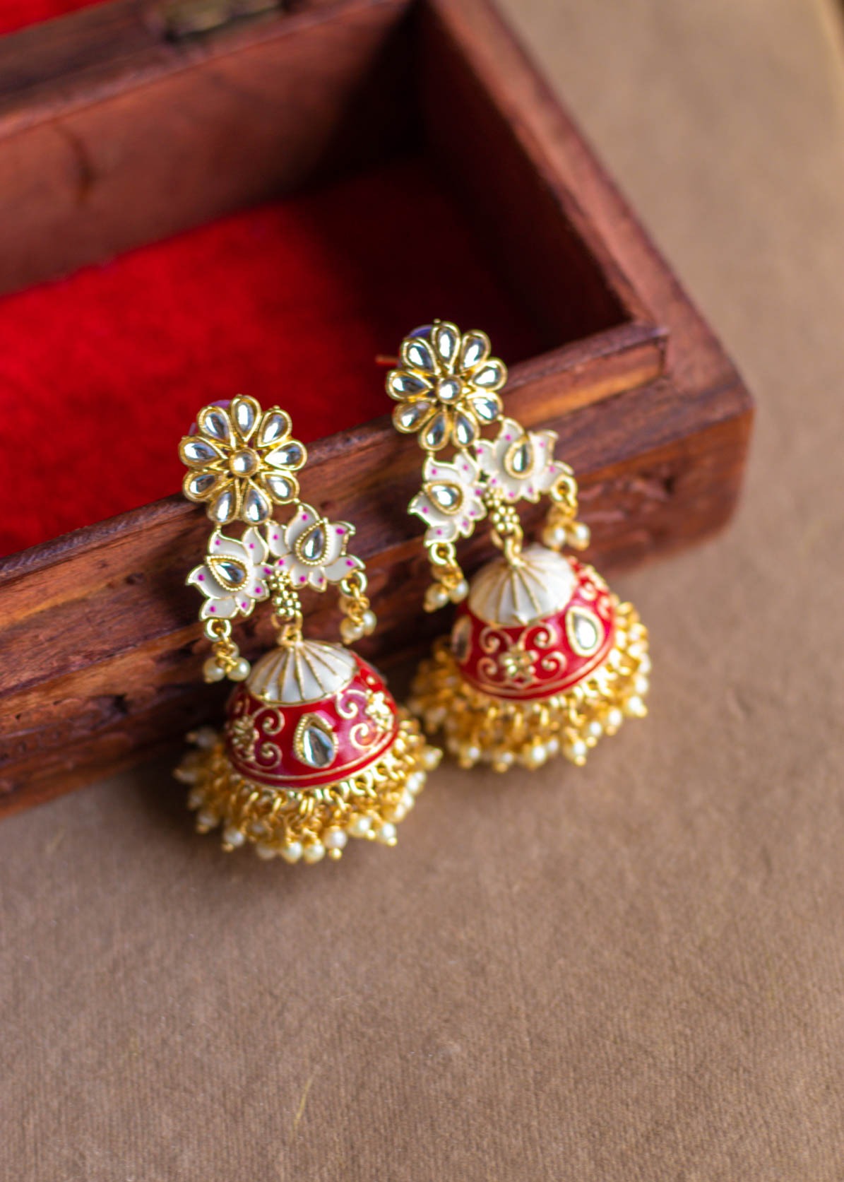 Red Meenakari Lotus Kundan Pearl Jhumka Earrings
