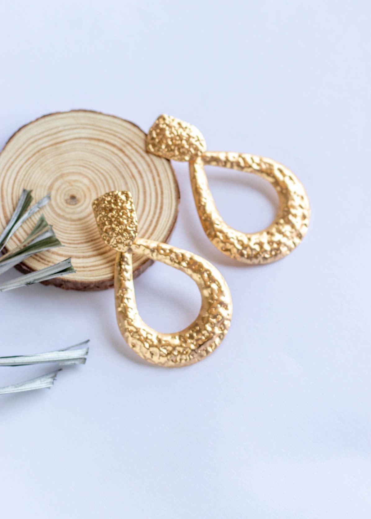 Gold Matte Hammered Drop Dangler Earrings