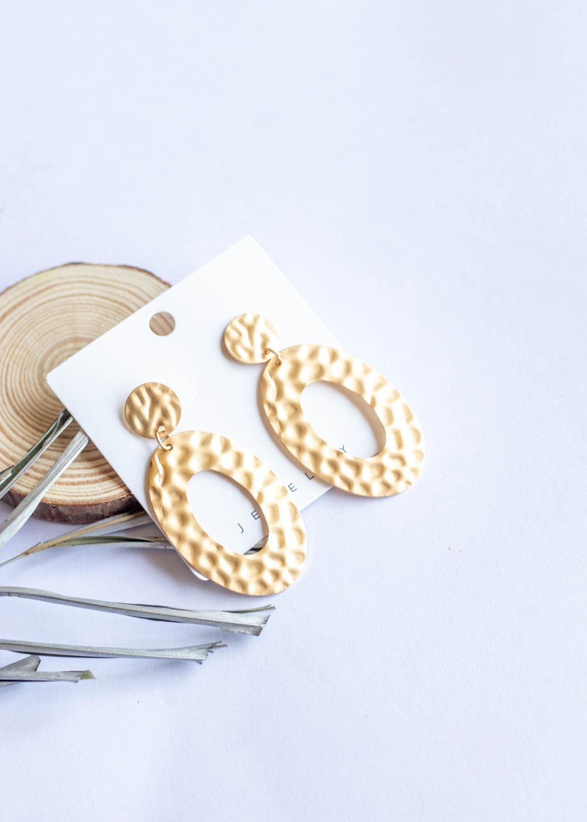 Gold Matte Hammered Oval Shape Dangler Earrings