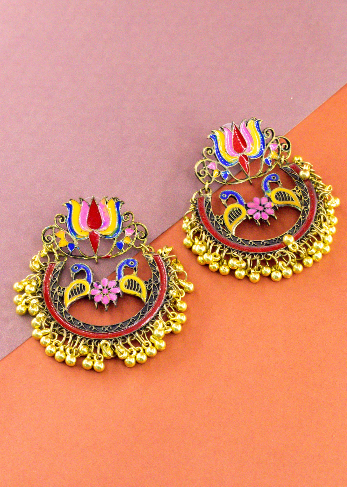 Peacock Lotus Multicolor Gold Stud Earrings