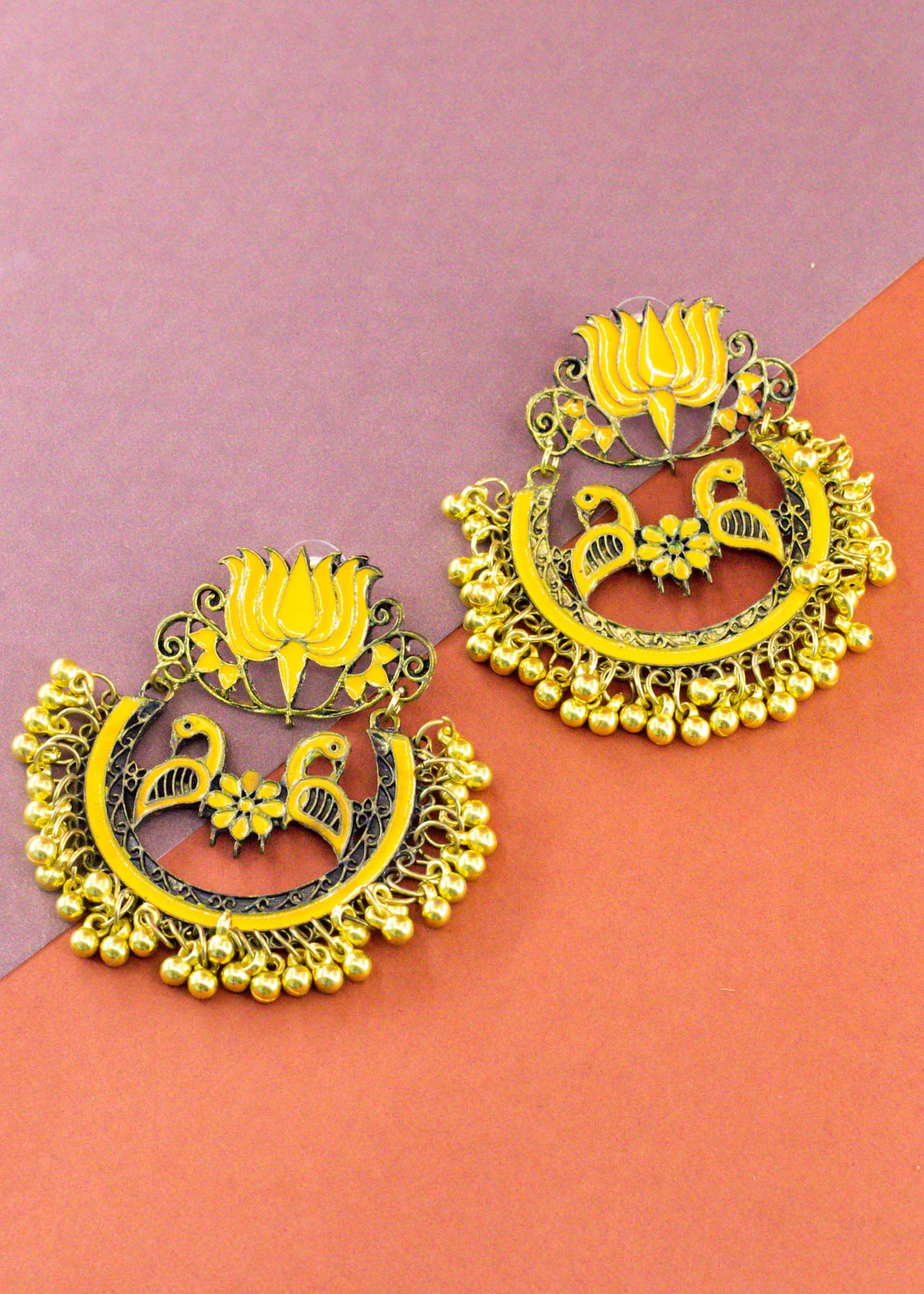 Peacock Lotus Yellow Gold Stud Earrings