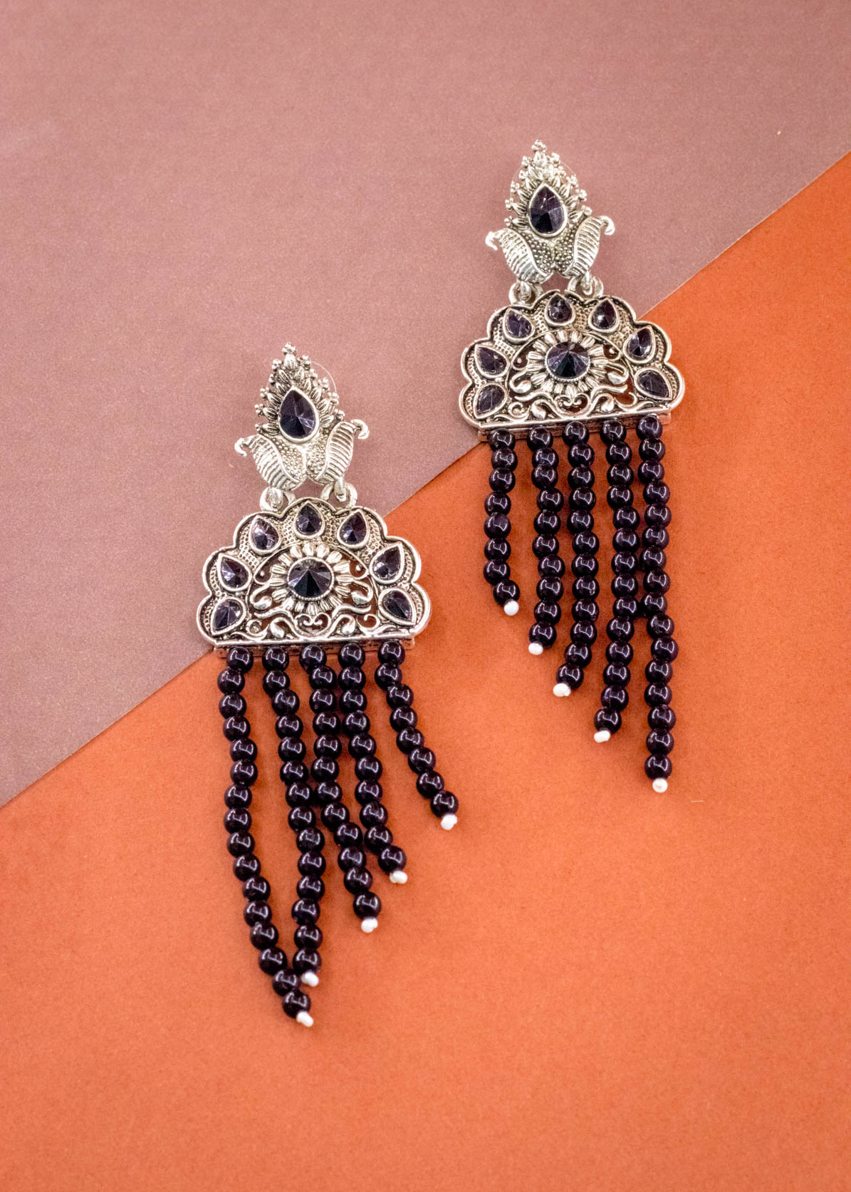 Black Beads Silver Dangler Earrings