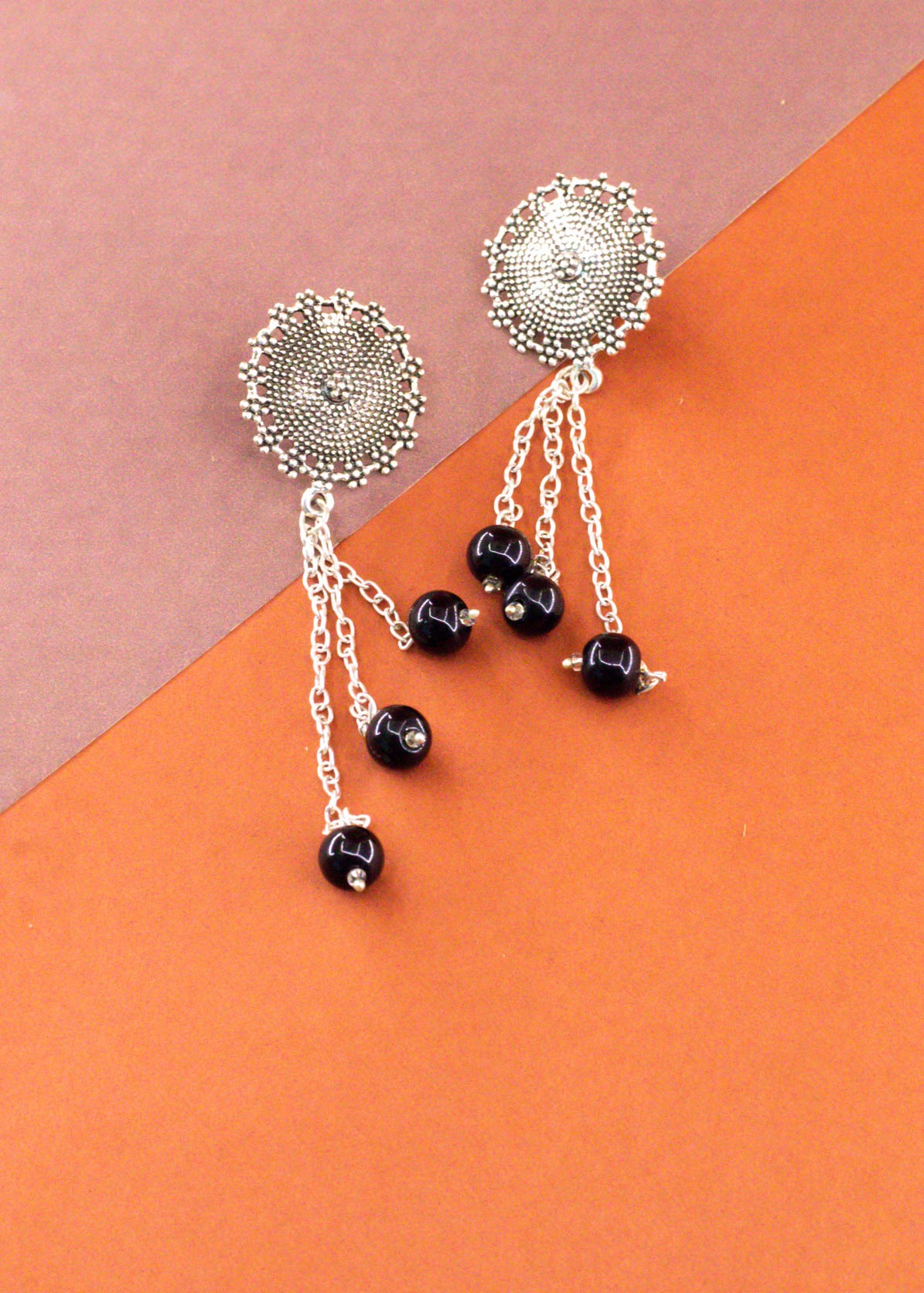 Black Beads Silver Chain Brass Dangler Earrings