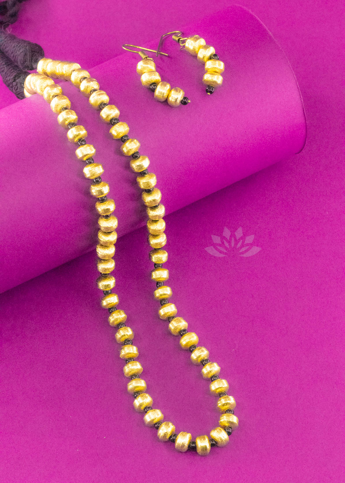 Gold Matte Beads Black Thread Long Neckpiece With Earrings