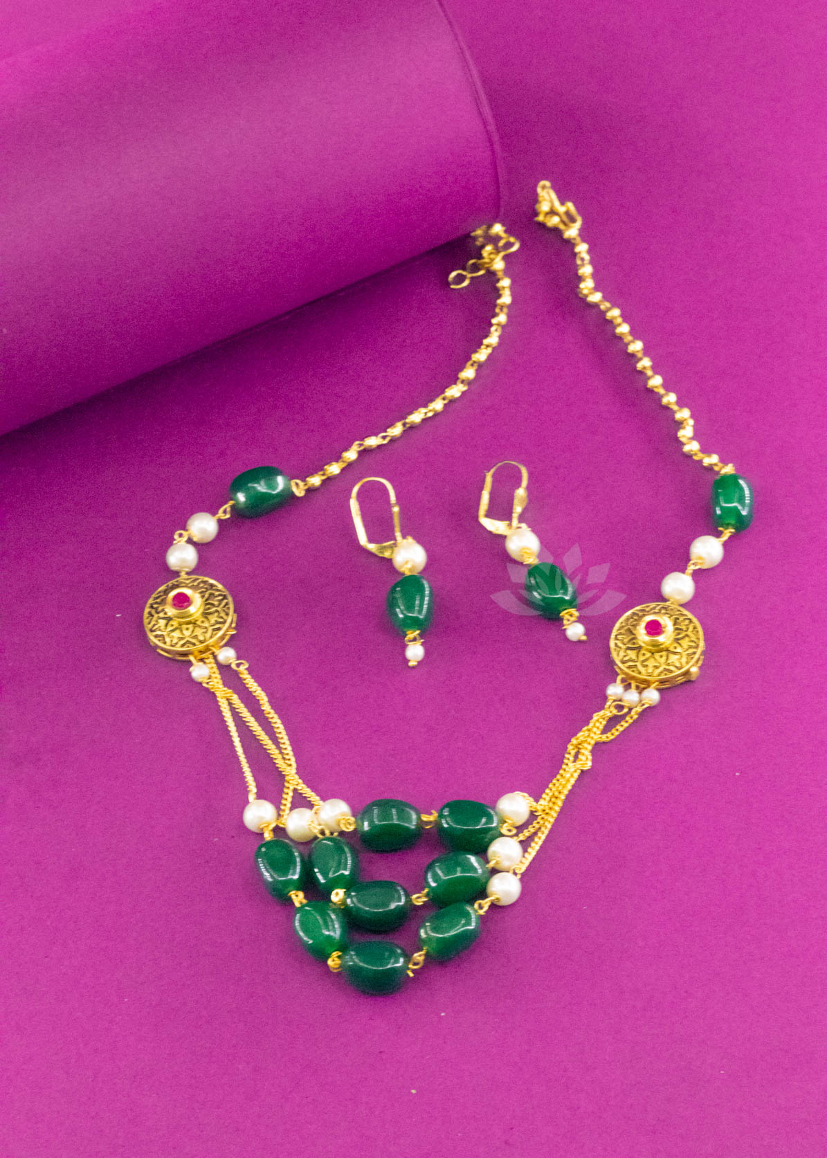 Gold Green Stone Three Layer Neckpiece With Earrings