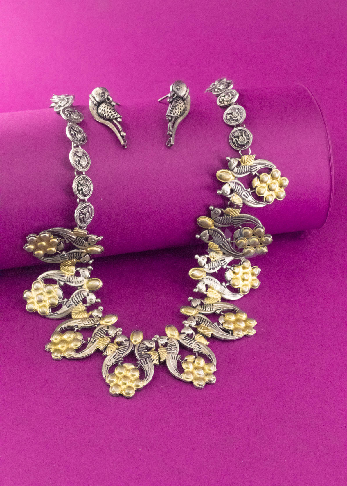 Dual Tone Brass Parrot Neckpiece With Earrings