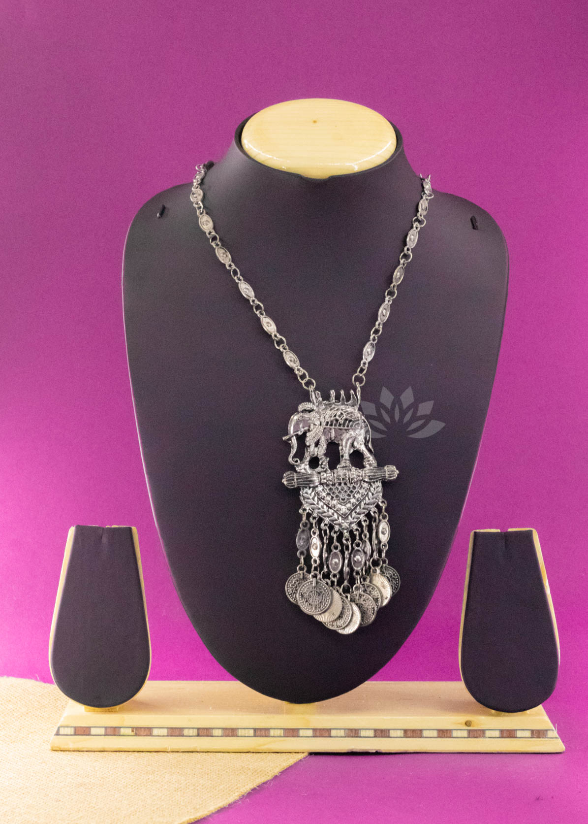 Silver Brass Long Chain Elephant Pendant Neckpiece