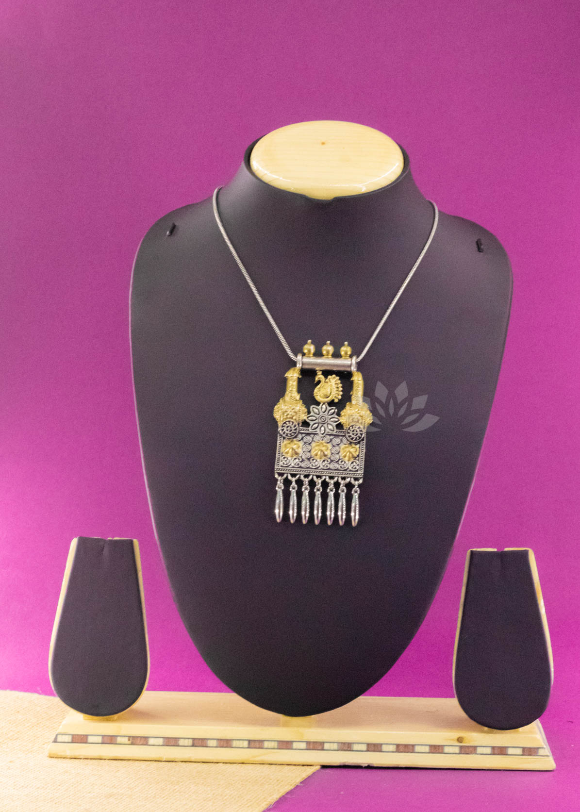 Silver Brass Long Chain Dual Tone Peacock Pendant Neckpiece