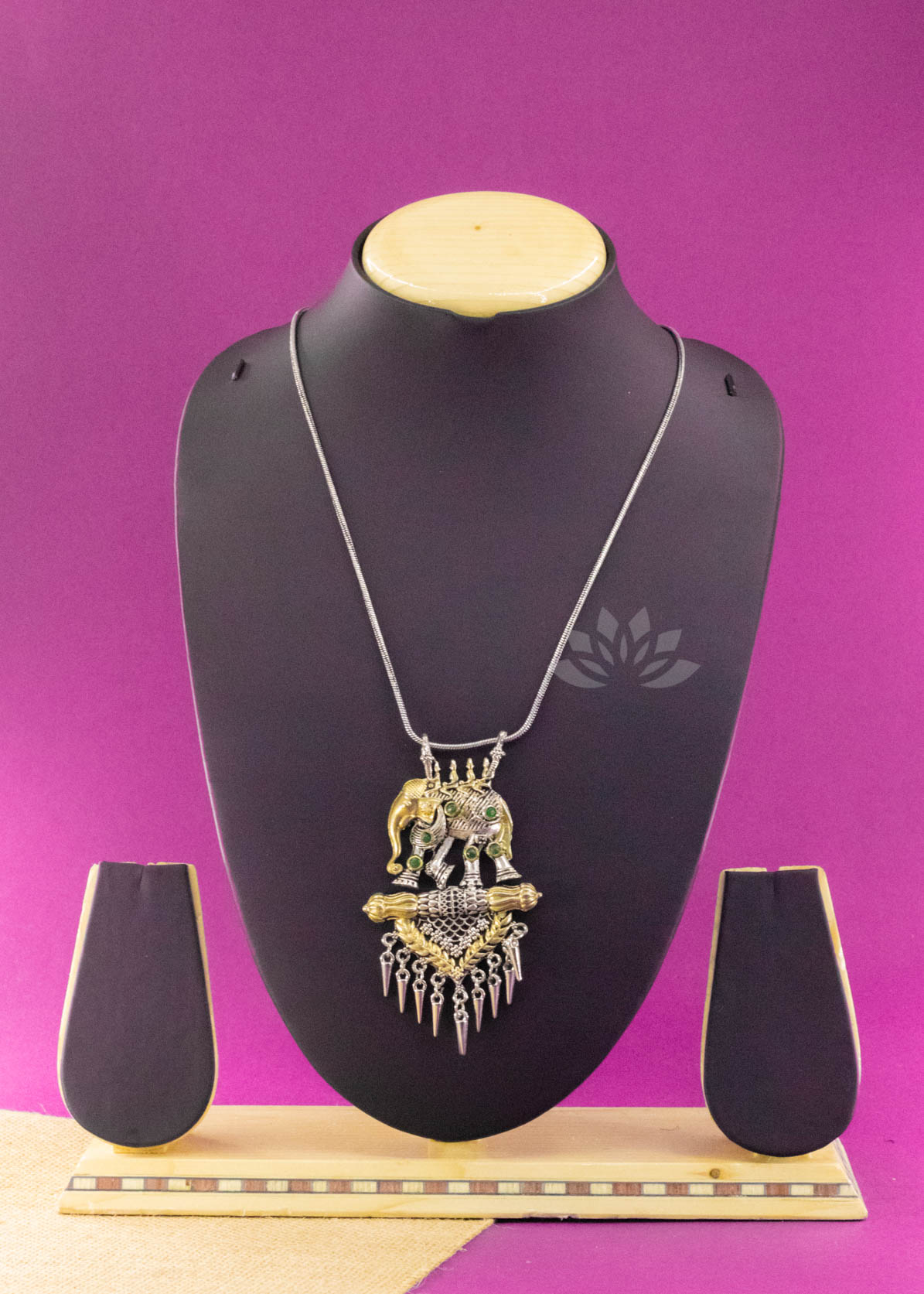 Silver Brass Long Chain Dual Tone Elephant Pendant Neckpiece