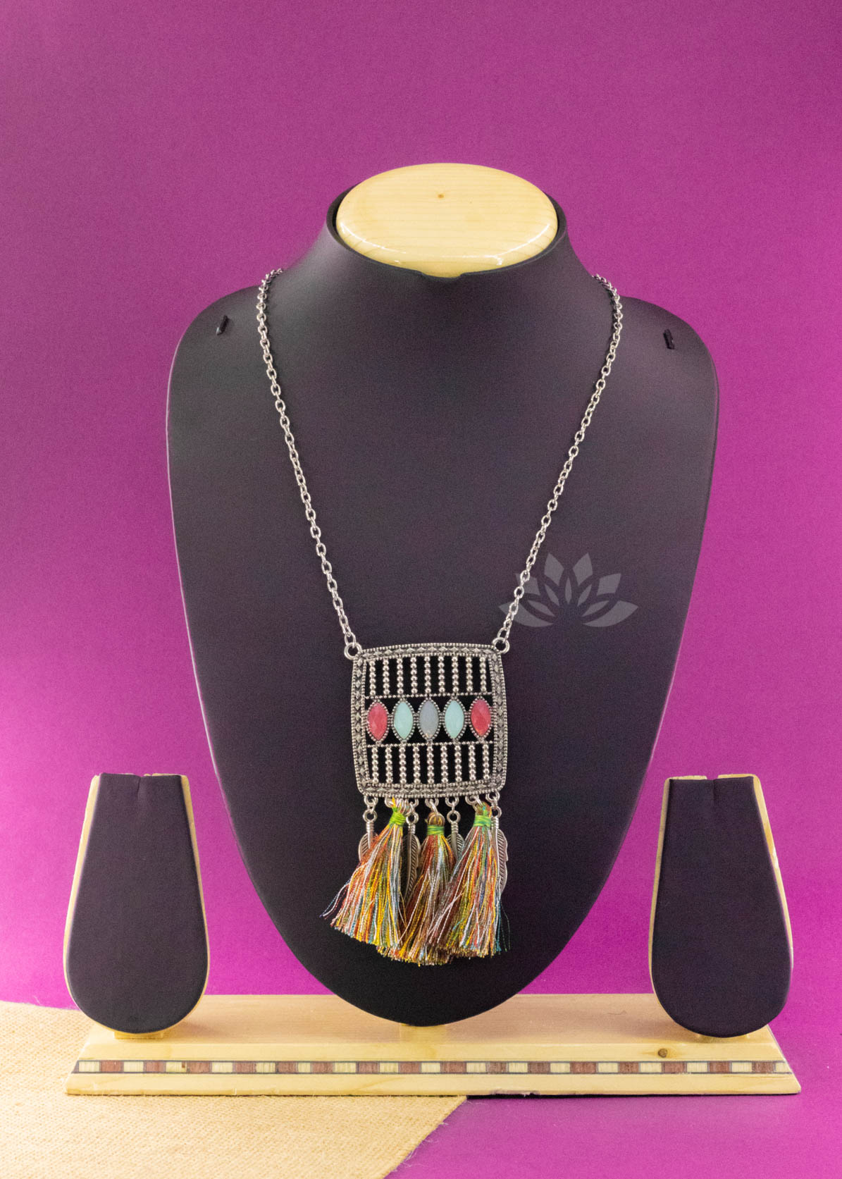 Silver Long Chain Multicolor Pendant Neckpiece