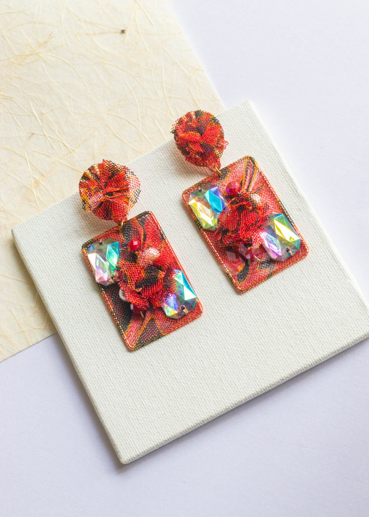 Red Fabric Rectangle Dangler Earrings