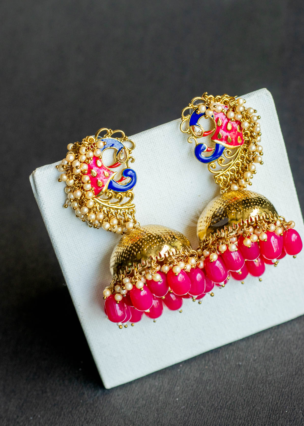 Magneta Pink Beads Peacock Jhumka Earrings