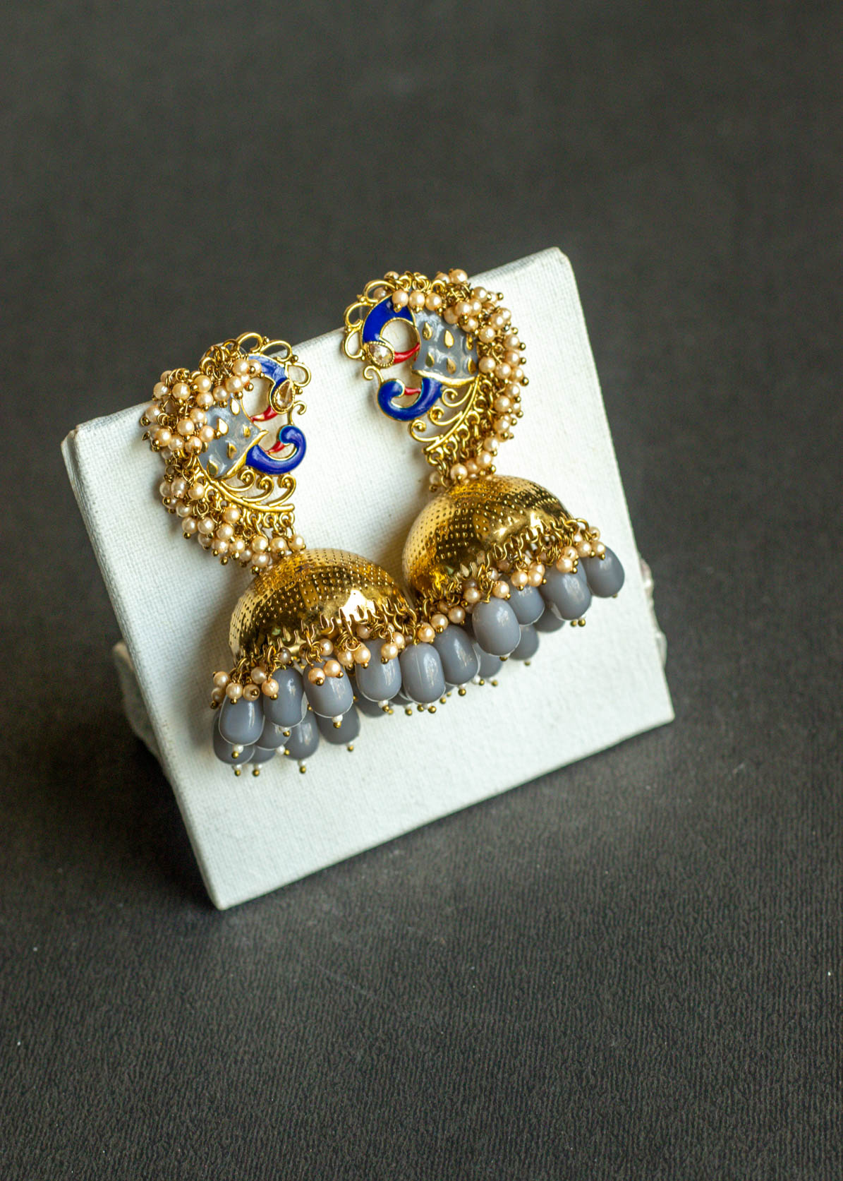 Grey Beads Peacock Jhumka Earrings