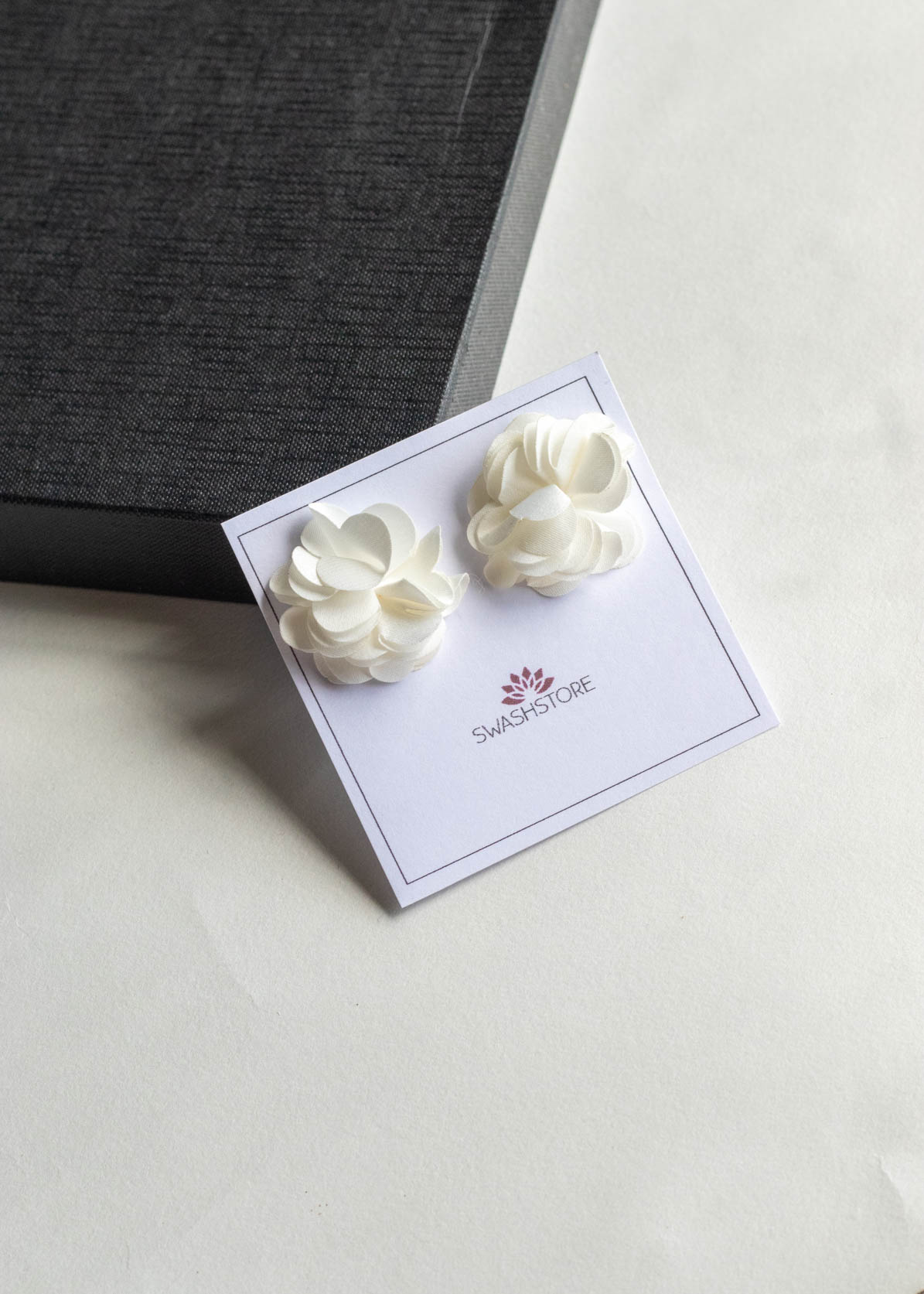 Fabric Flower Stud Earrings-White