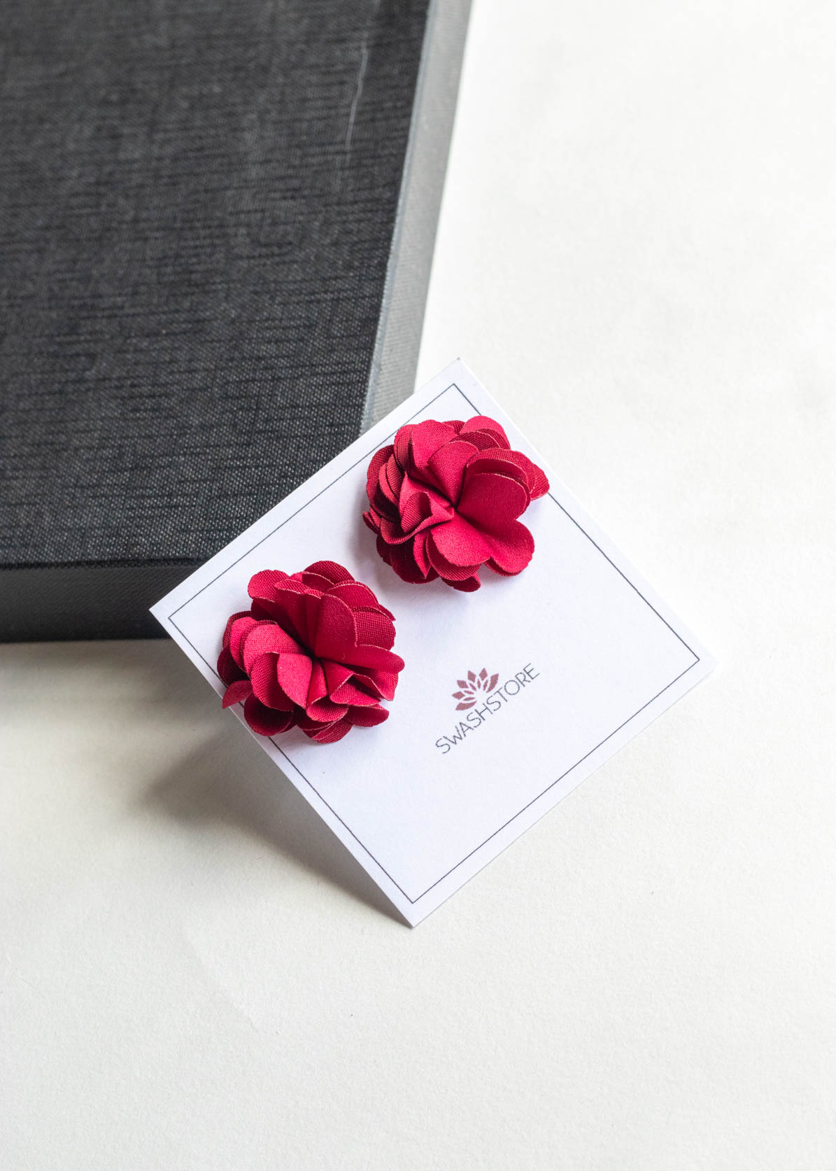 Fabric Flower Stud Earrings-Maroon