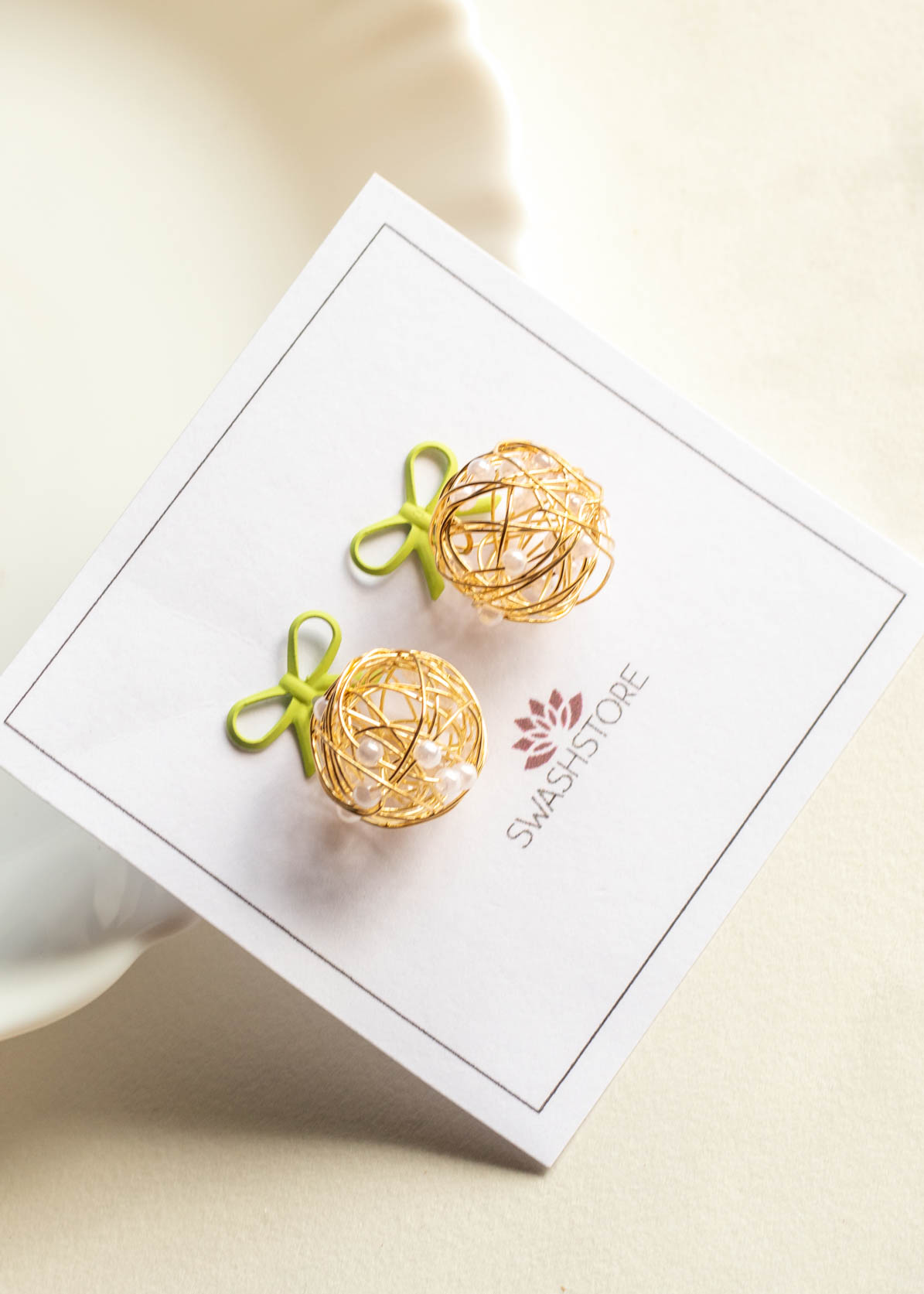 Neon Green Bow Gold Nest Pearl Stud Earrings