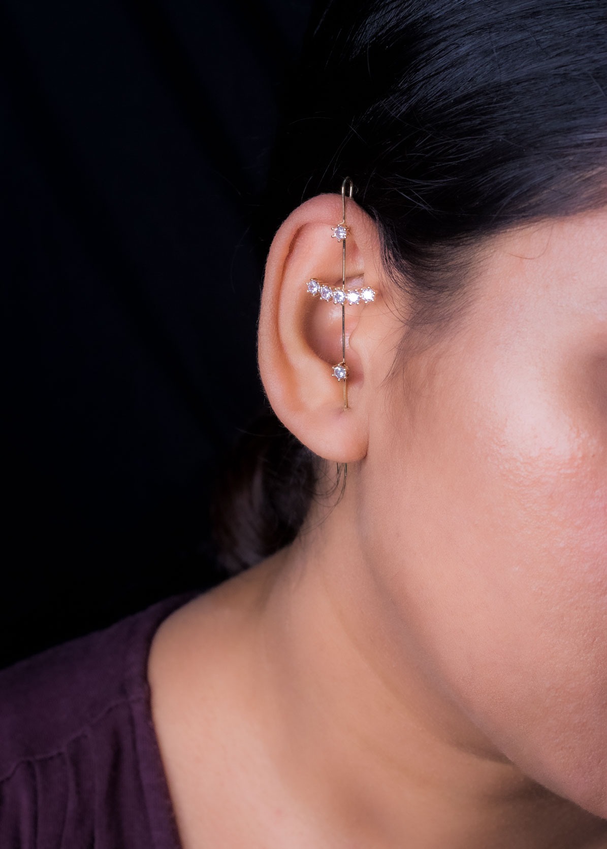 Gold Half Moon Stone Studded Earcuff Earrings