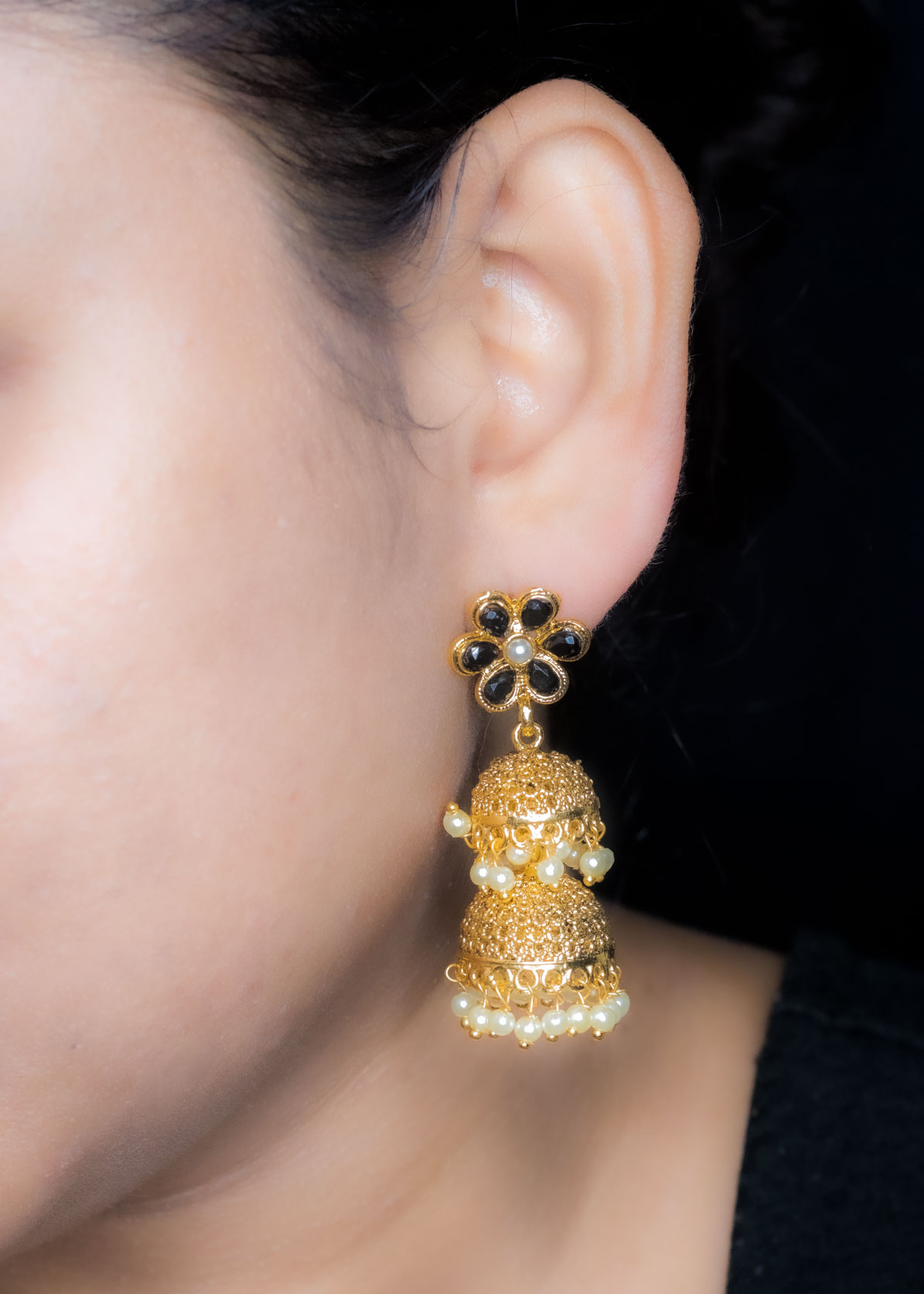 Black Stone Double Layer Pearl Jhumka Earrings
