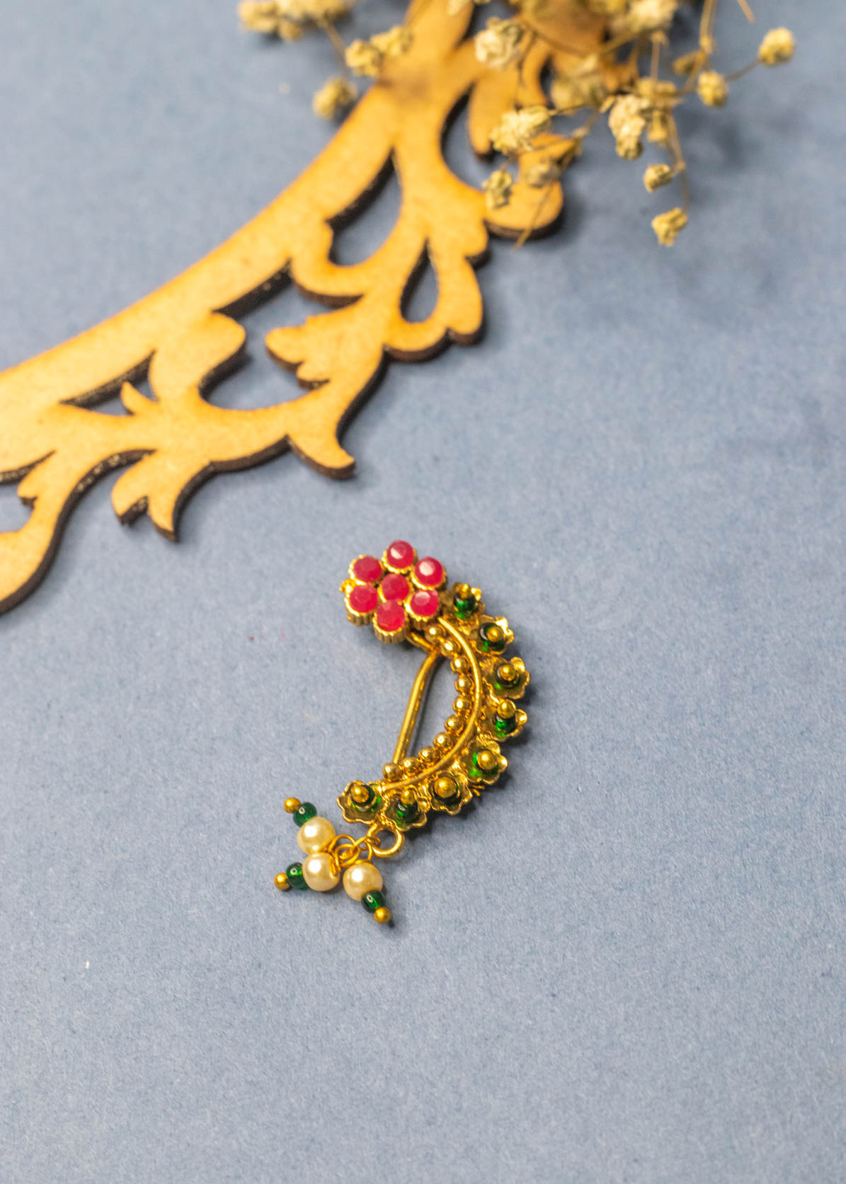 Gold Red & Green Stone Traditional Pearl Nath (Press One)
