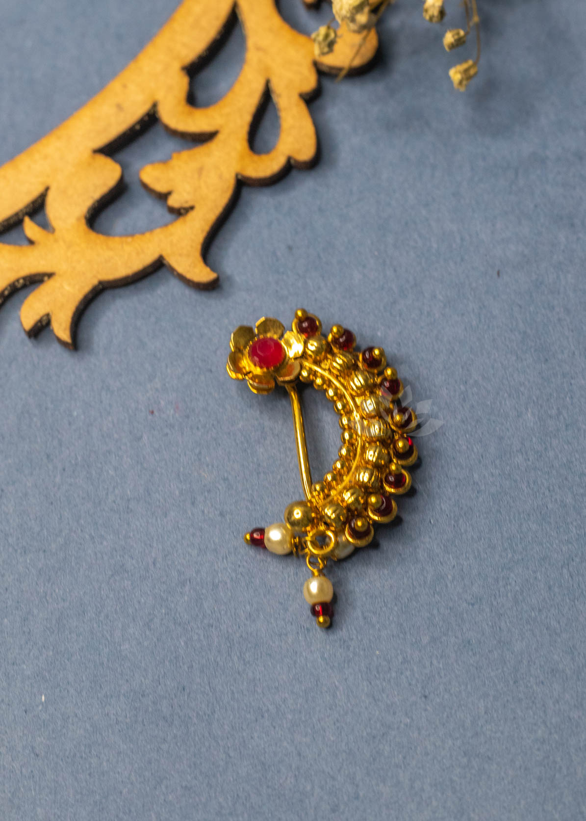 Gold Red Stone Traditional Pearl Nath (Press One)